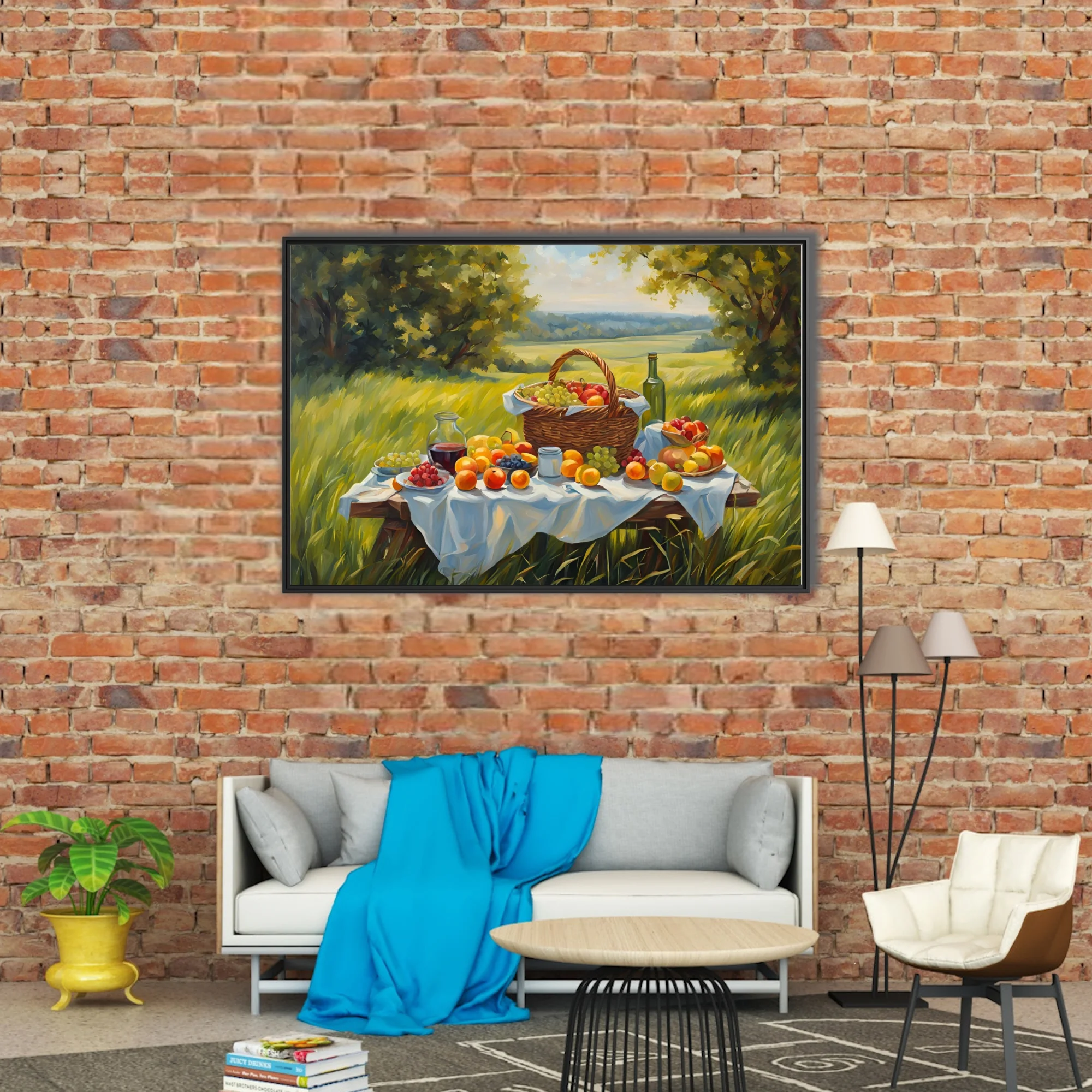 Sunlit countryside picnic still life with fruit basket and wine, painterly summer scene