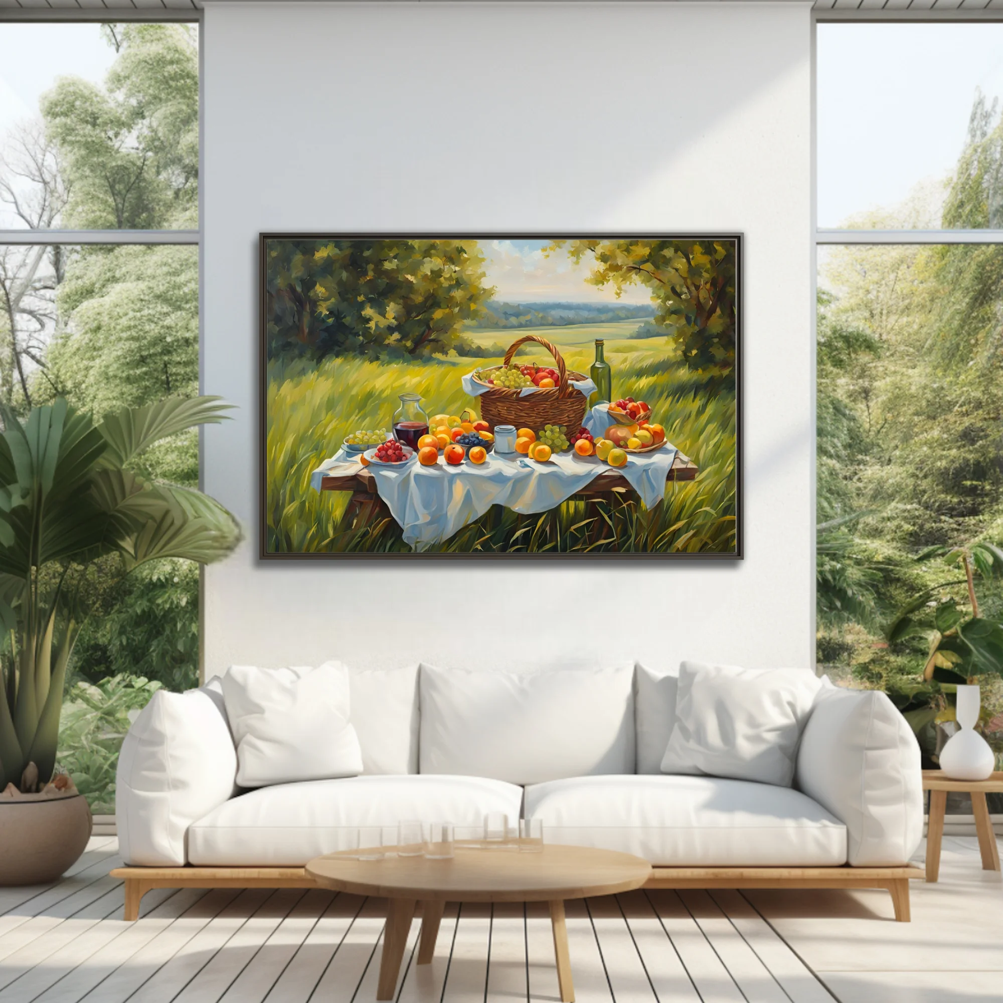 Sunlit countryside picnic still life with fruit basket and wine, painterly summer scene