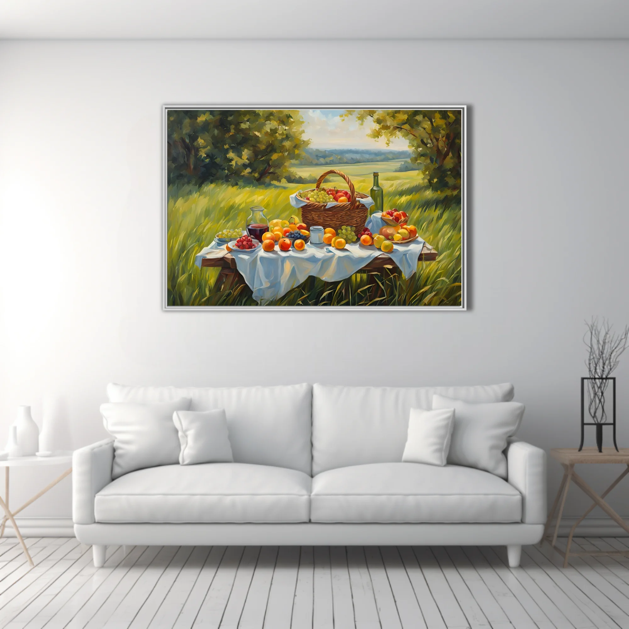 Sunlit countryside picnic still life with fruit basket and wine, painterly summer scene