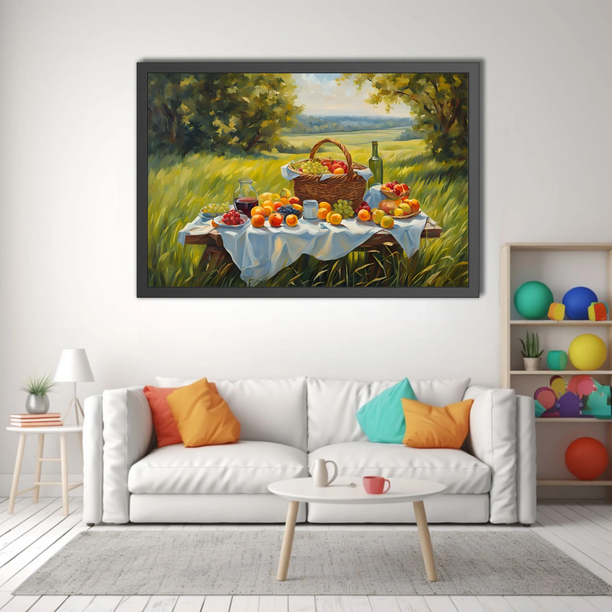 Sunlit countryside picnic still life with fruit basket and wine, painterly summer scene