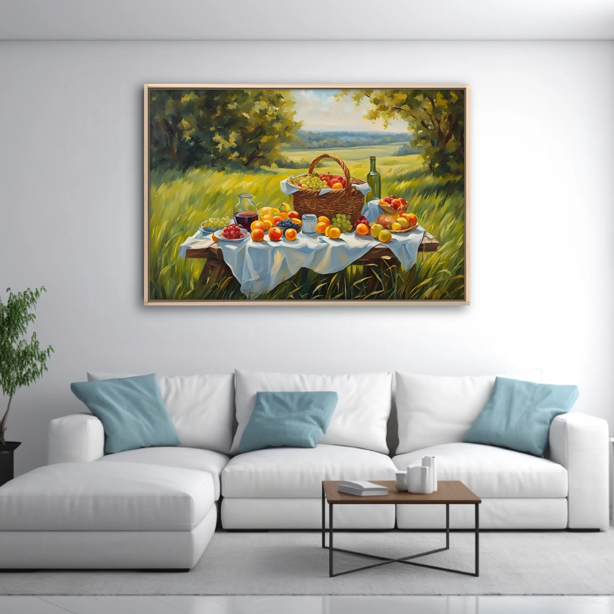 Sunlit countryside picnic still life with fruit basket and wine, painterly summer scene