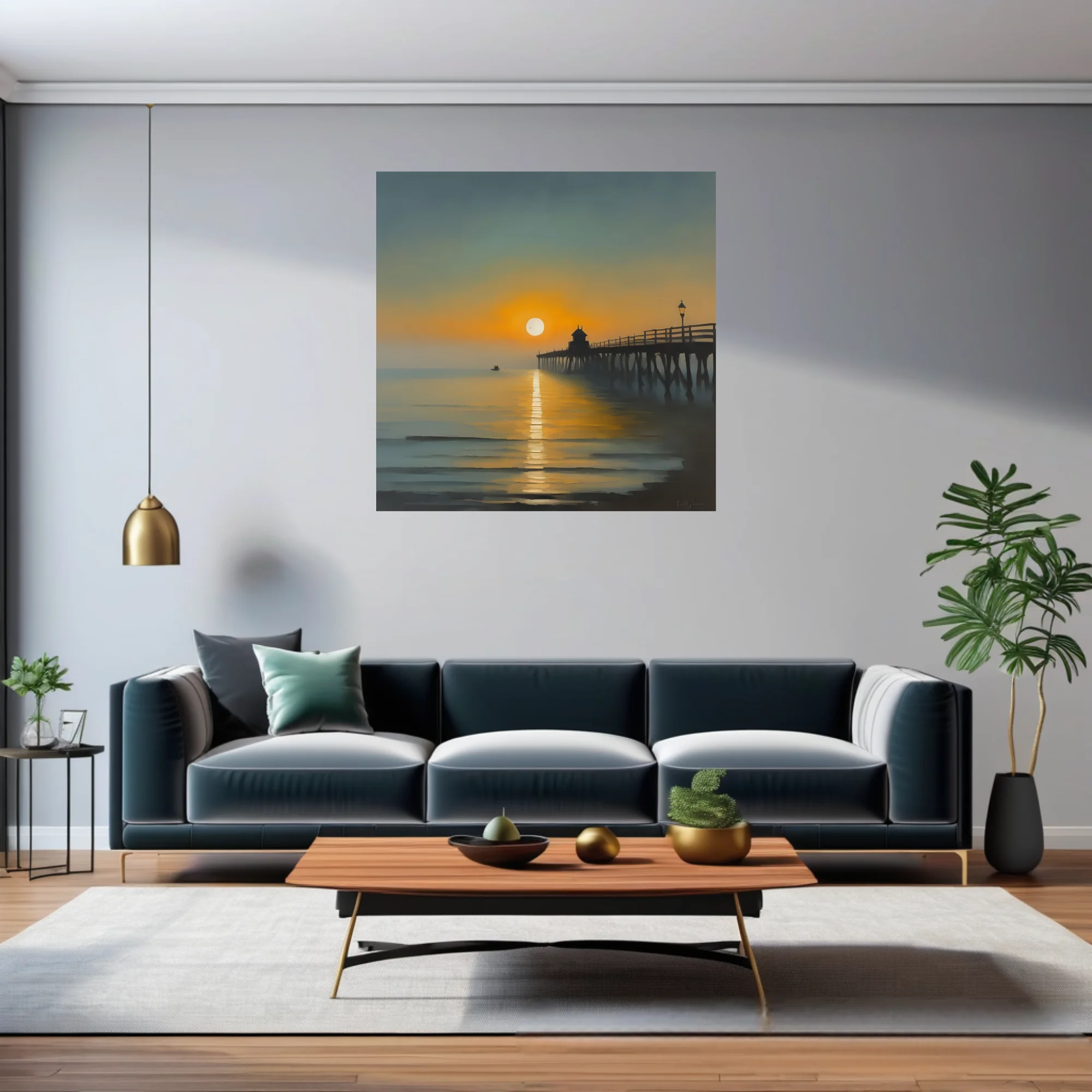 Painterly sunrise seascape with silhouetted pier, amber and teal palette, glassy water reflections