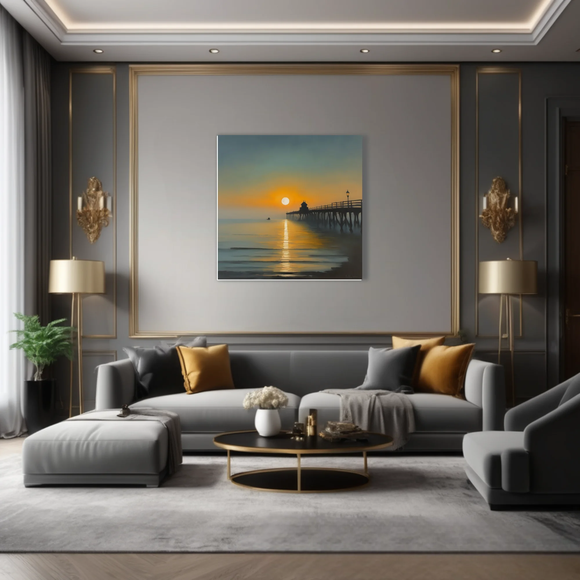 Painterly sunrise seascape with silhouetted pier, amber and teal palette, glassy water reflections