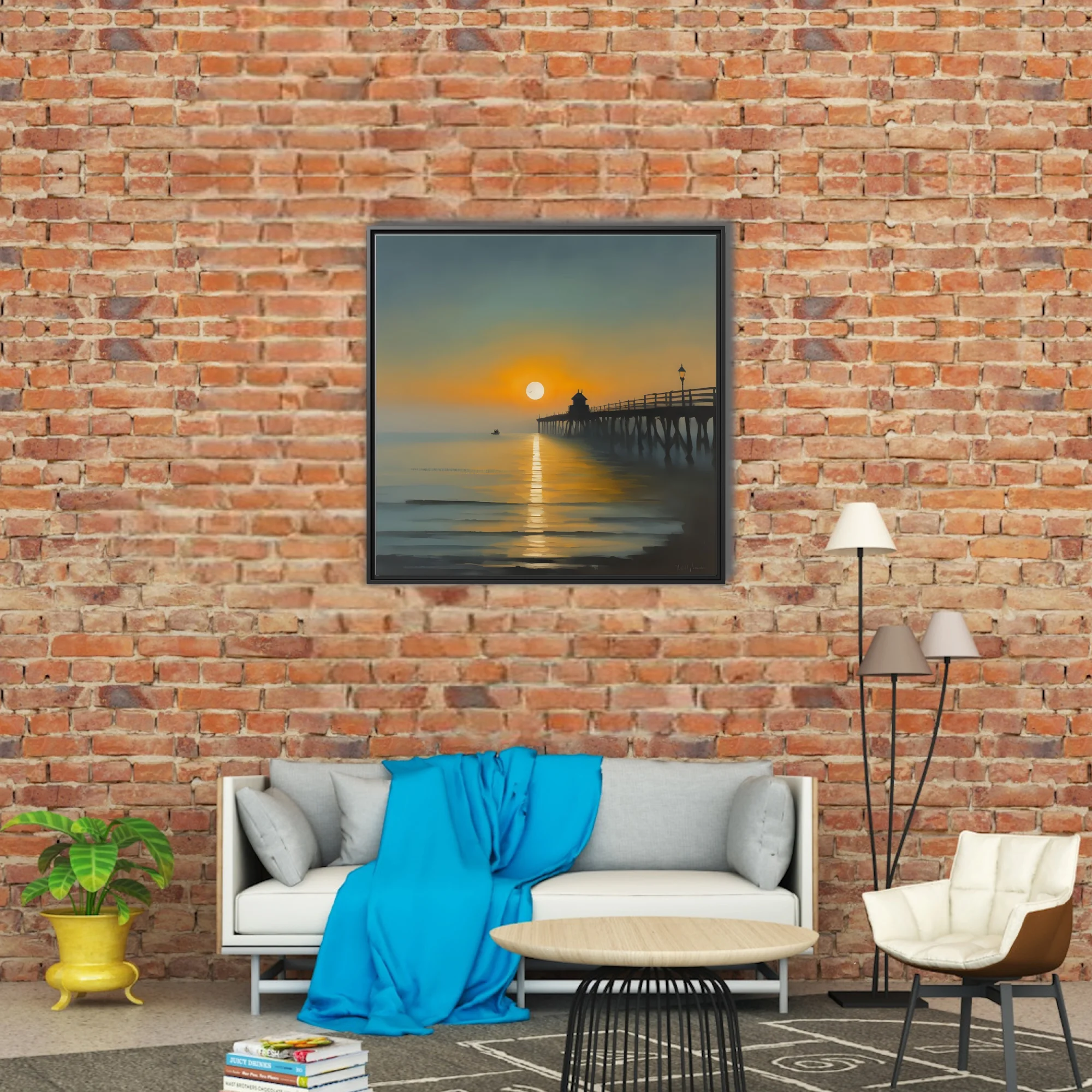 Painterly sunrise seascape with silhouetted pier, amber and teal palette, glassy water reflections