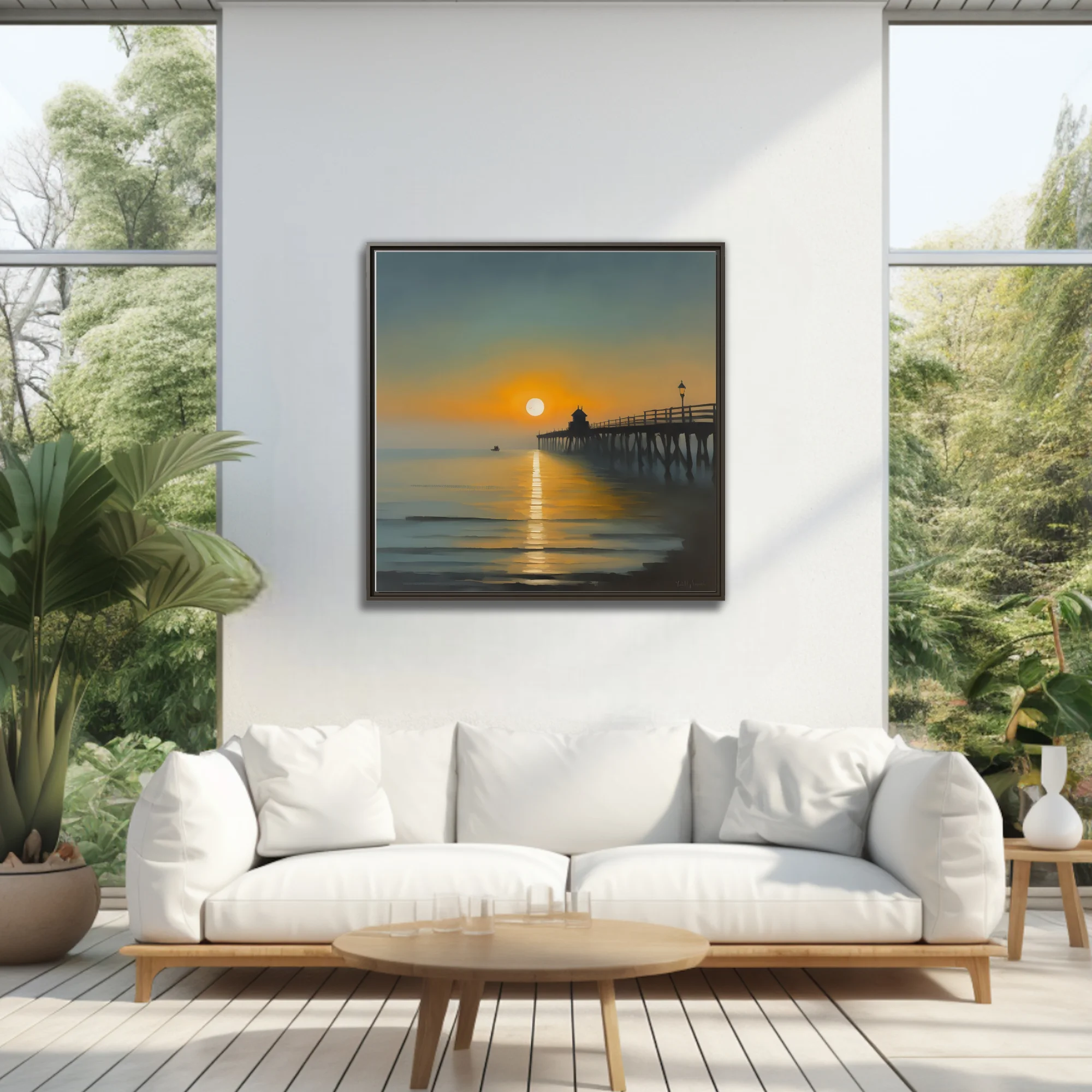 Painterly sunrise seascape with silhouetted pier, amber and teal palette, glassy water reflections