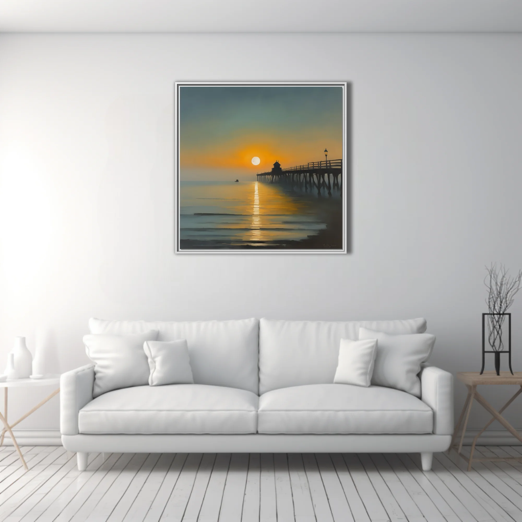 Painterly sunrise seascape with silhouetted pier, amber and teal palette, glassy water reflections