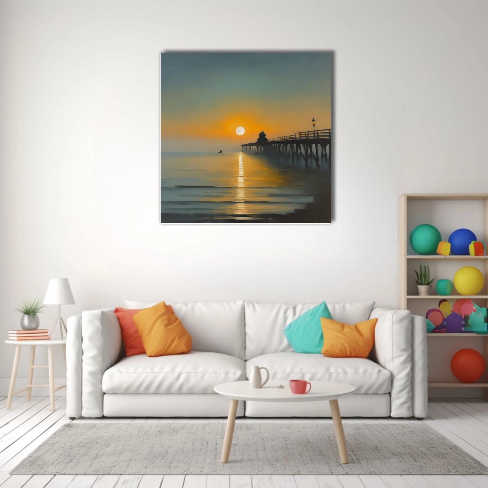Painterly sunrise seascape with silhouetted pier, amber and teal palette, glassy water reflections