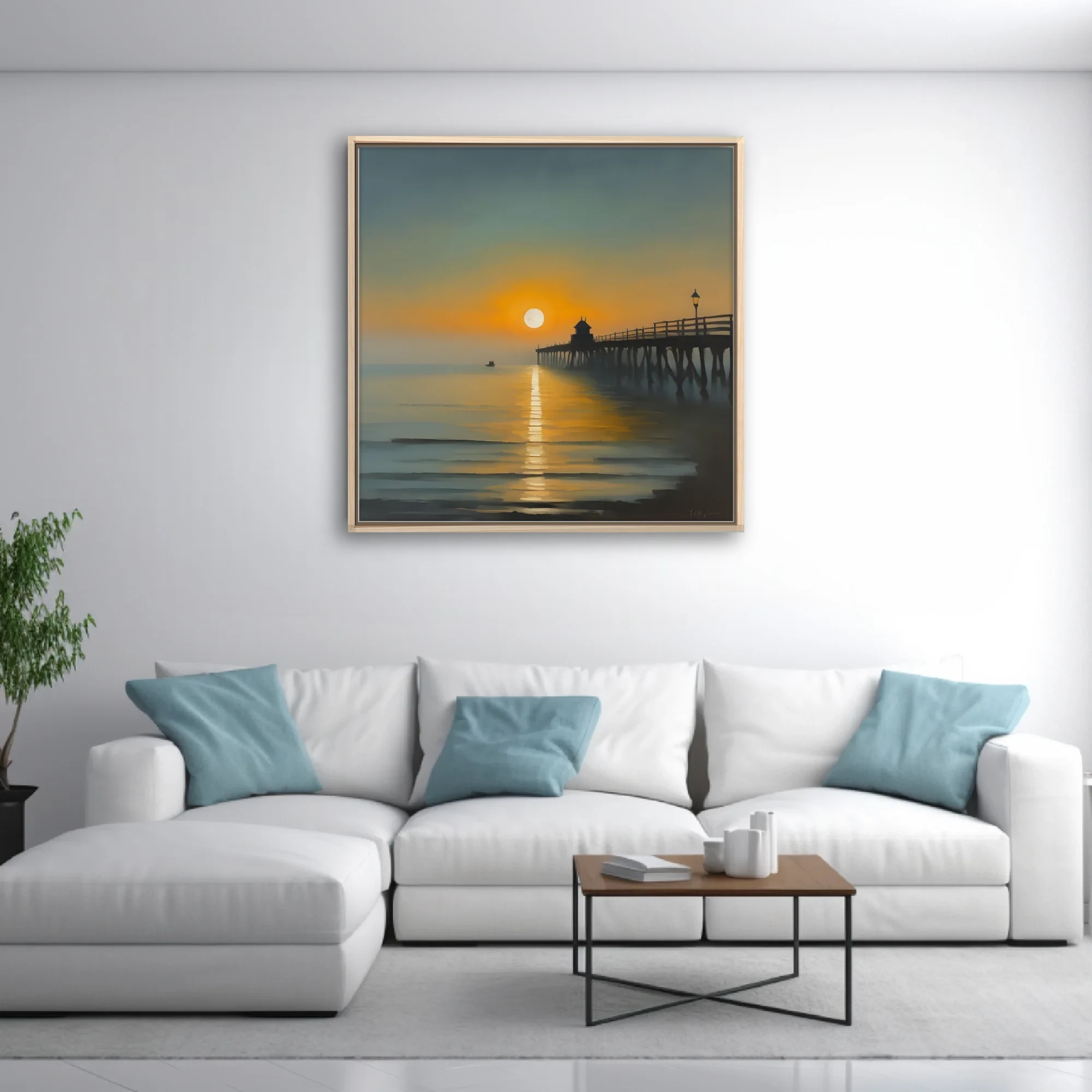 Painterly sunrise seascape with silhouetted pier, amber and teal palette, glassy water reflections
