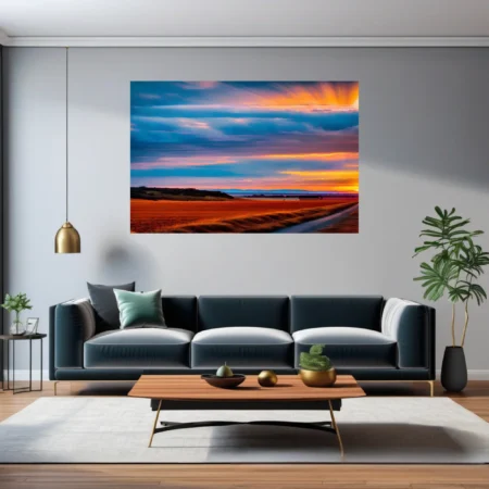 Abstract sunset landscape with electric orange fields and vivid cerulean cloud-streaked sky