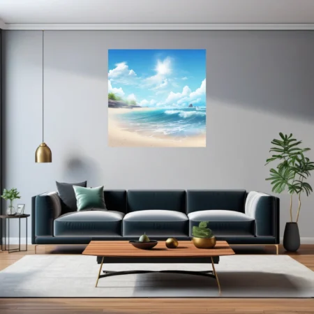 Stylized sunny beach scene with turquoise waves, white sand, and fluffy clouds
