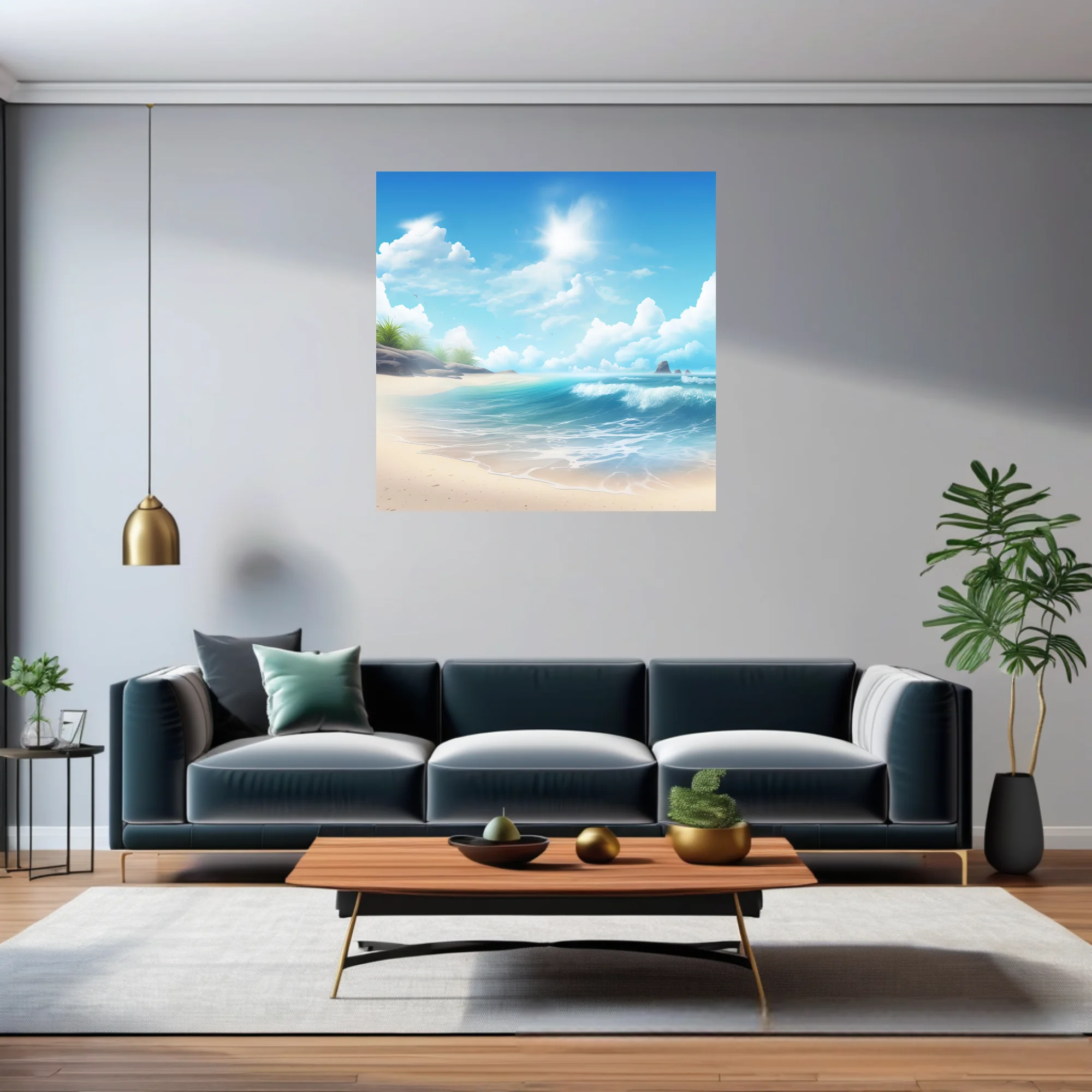 Stylized sunny beach scene with turquoise waves, white sand, and fluffy clouds