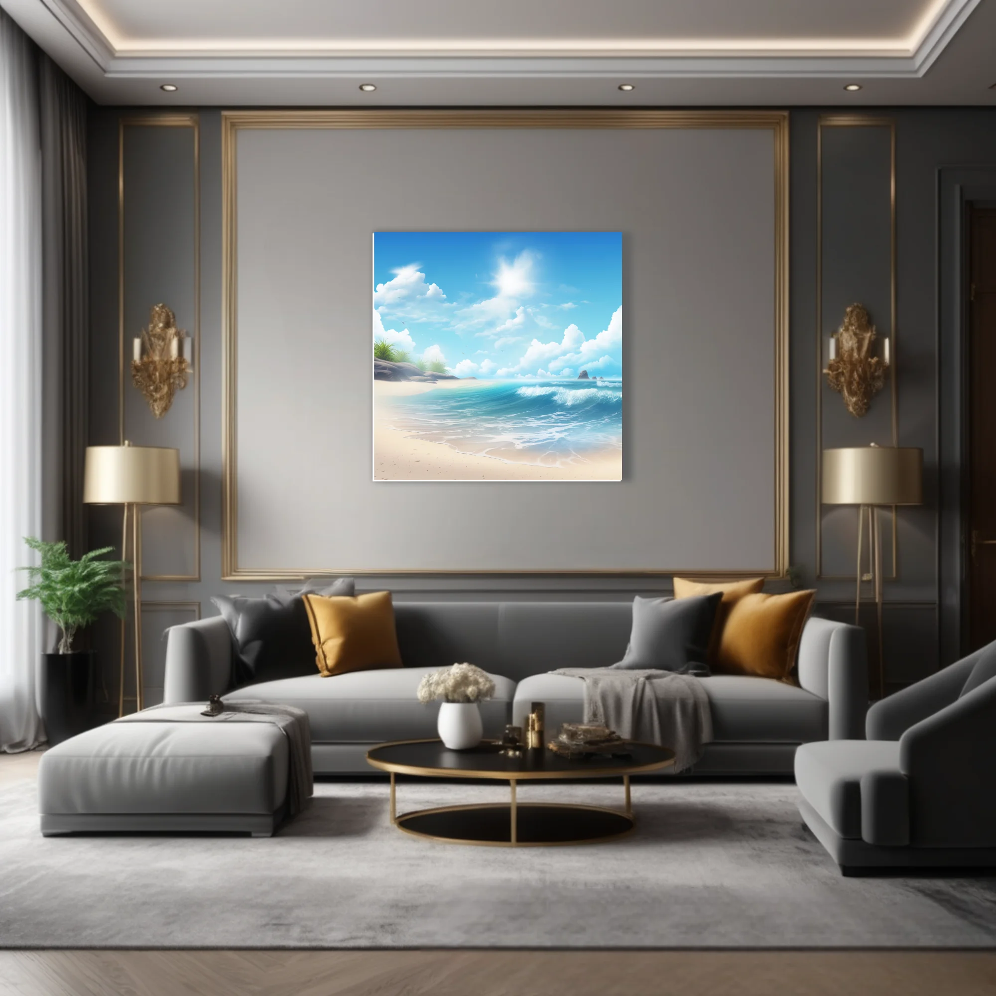 Stylized sunny beach scene with turquoise waves, white sand, and fluffy clouds