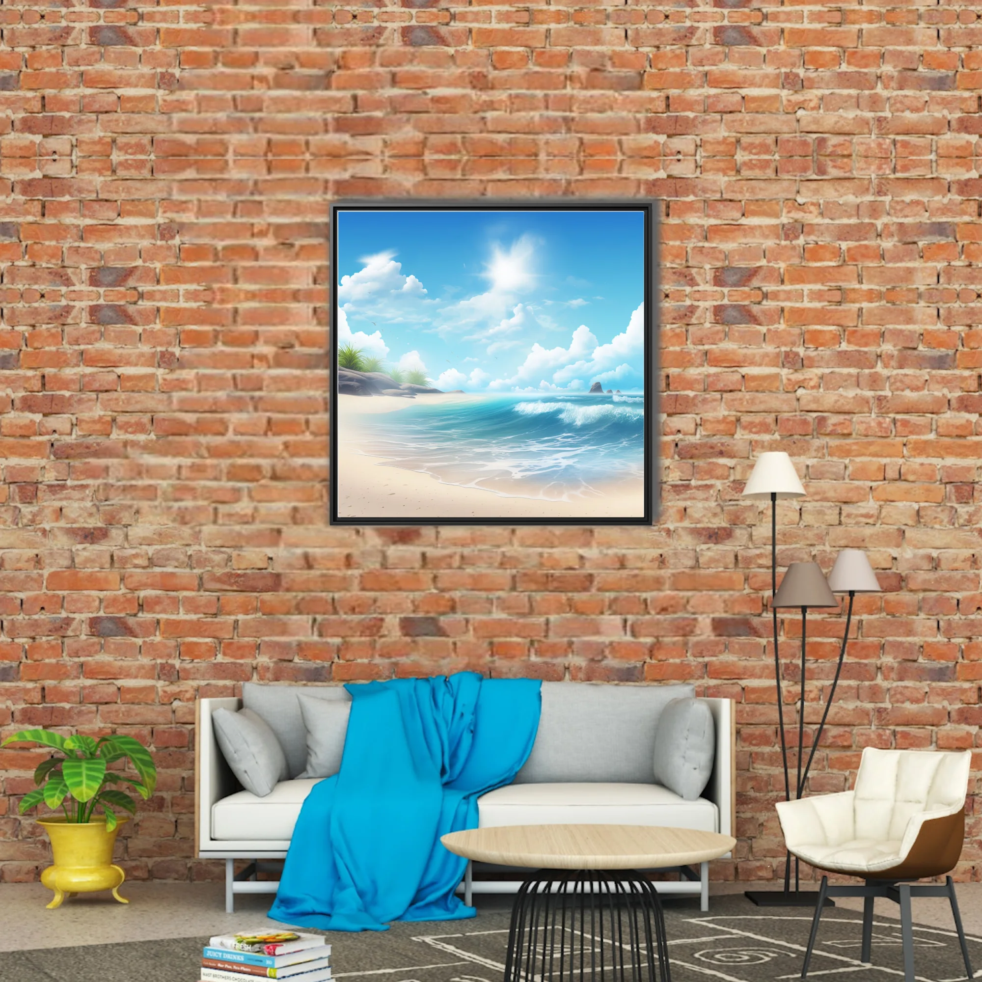 Stylized sunny beach scene with turquoise waves, white sand, and fluffy clouds