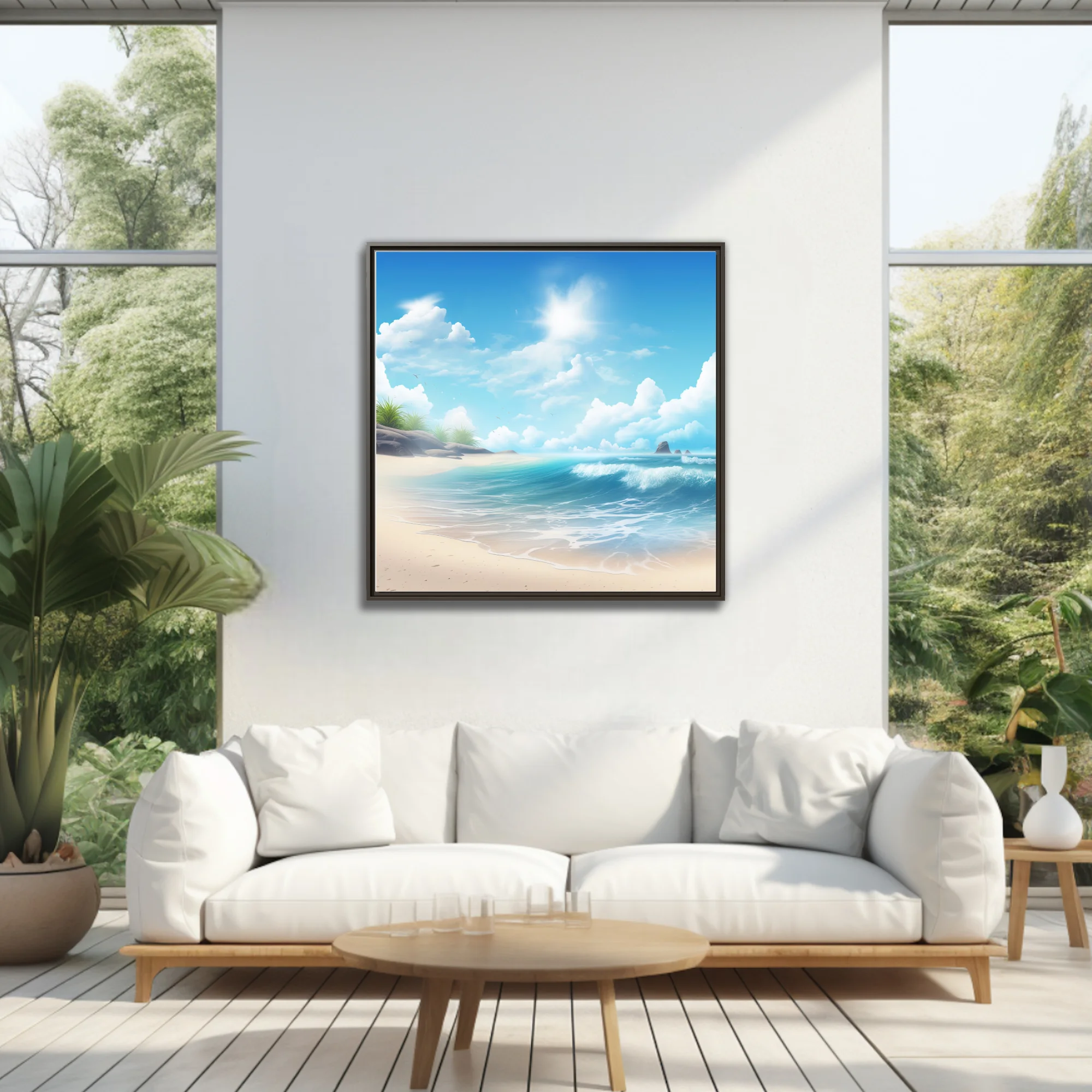 Stylized sunny beach scene with turquoise waves, white sand, and fluffy clouds