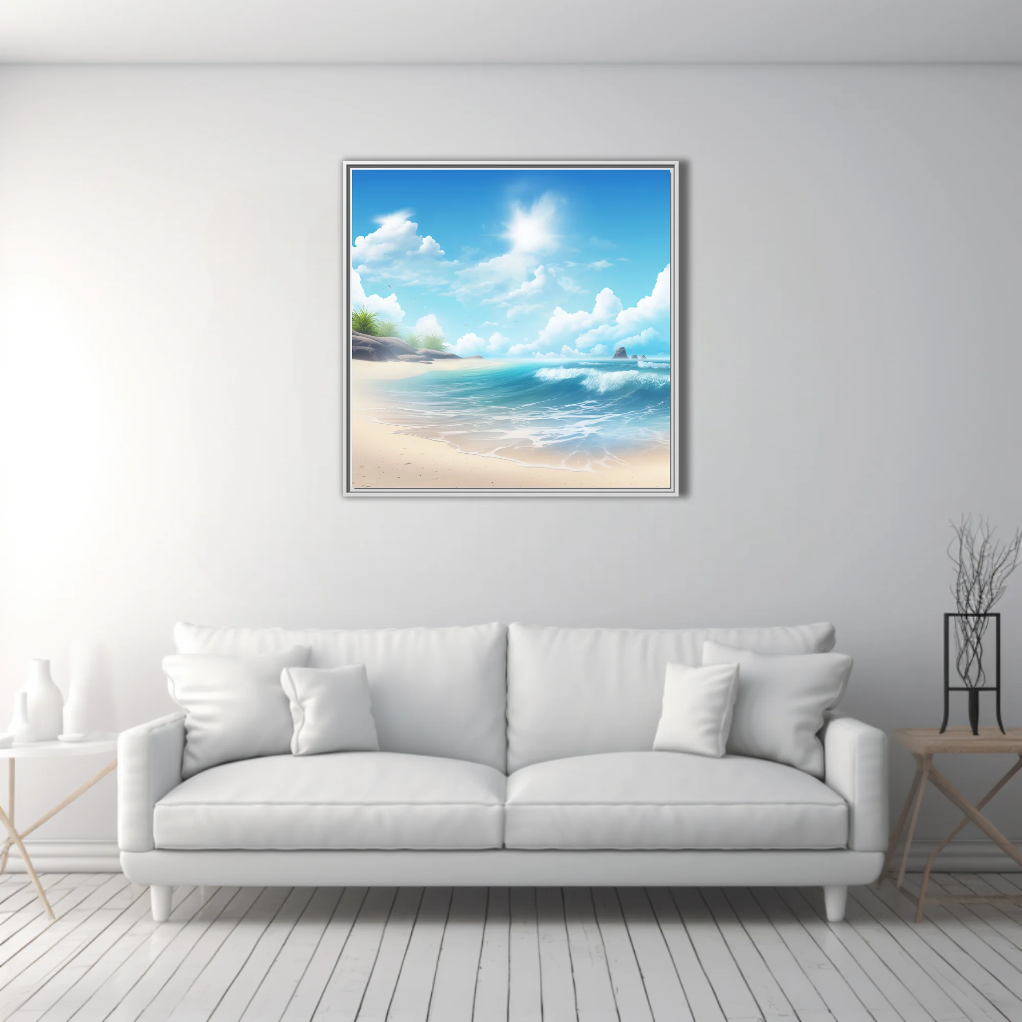 Stylized sunny beach scene with turquoise waves, white sand, and fluffy clouds