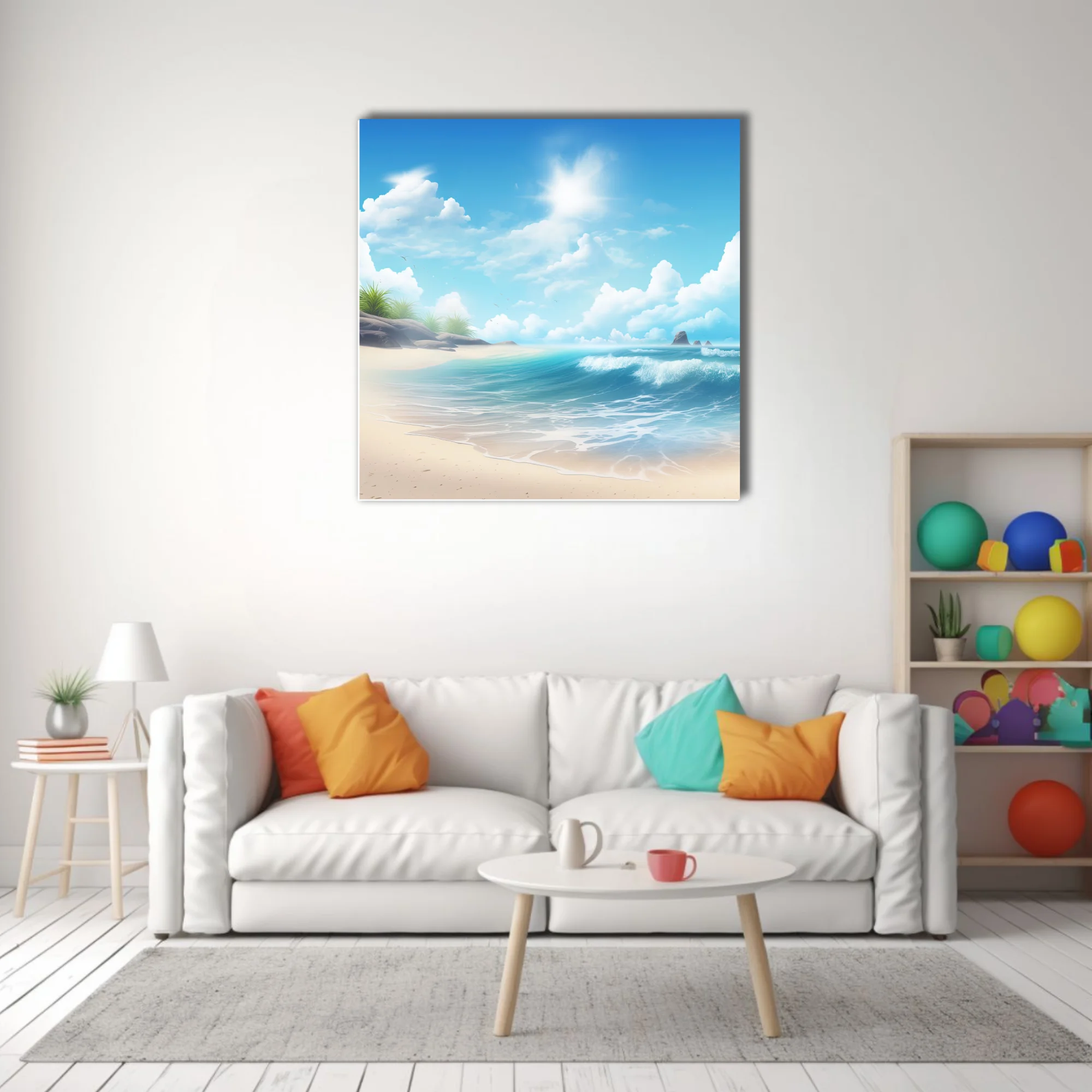 Stylized sunny beach scene with turquoise waves, white sand, and fluffy clouds