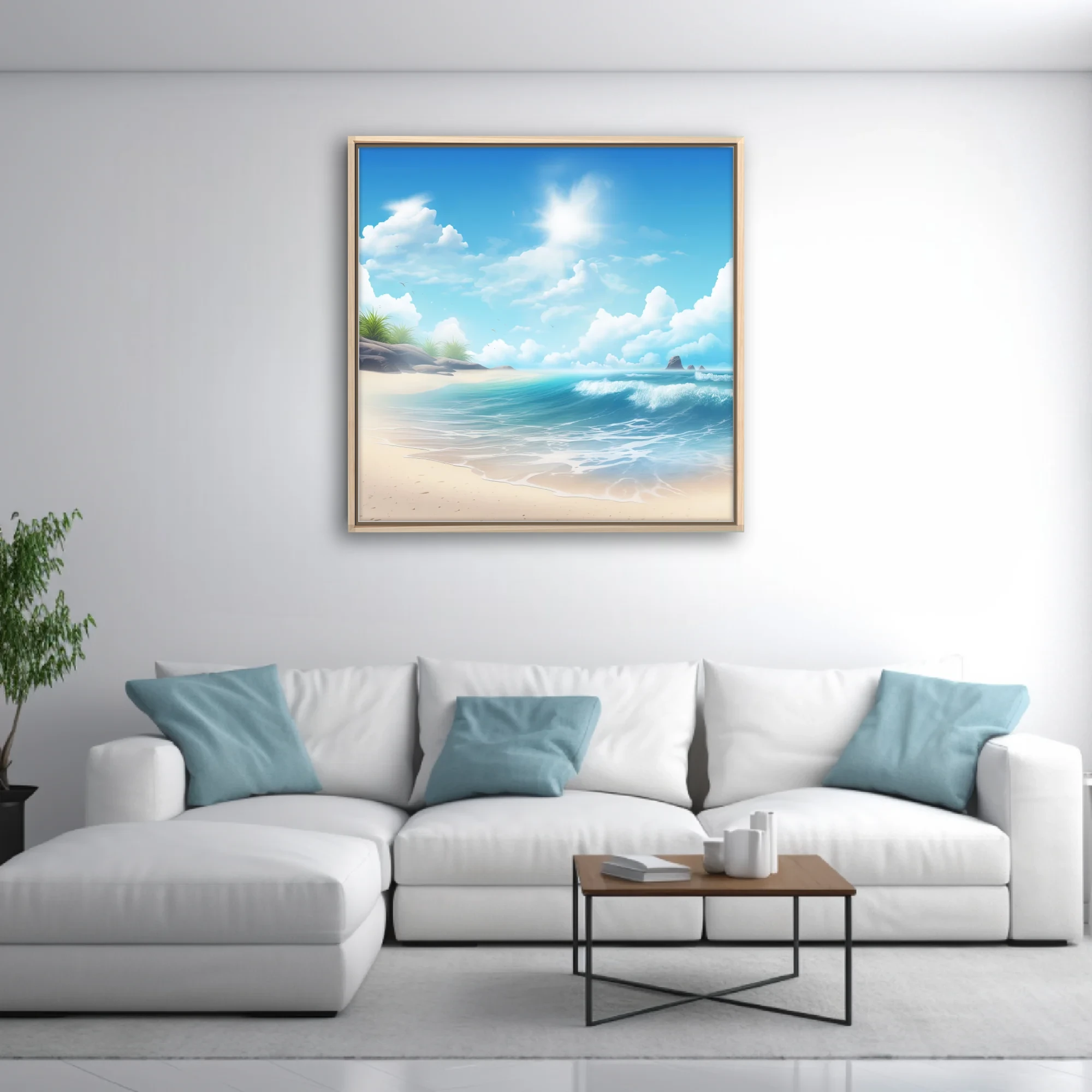 Stylized sunny beach scene with turquoise waves, white sand, and fluffy clouds