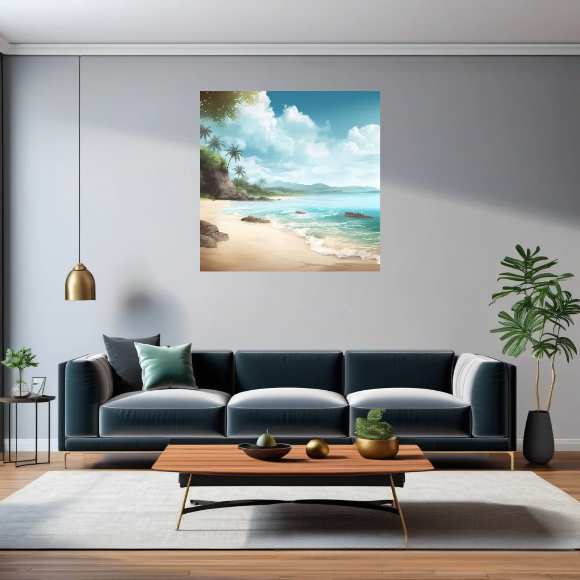 Painterly tropical beach scene with turquoise water, palms, and dramatic cloudy sky