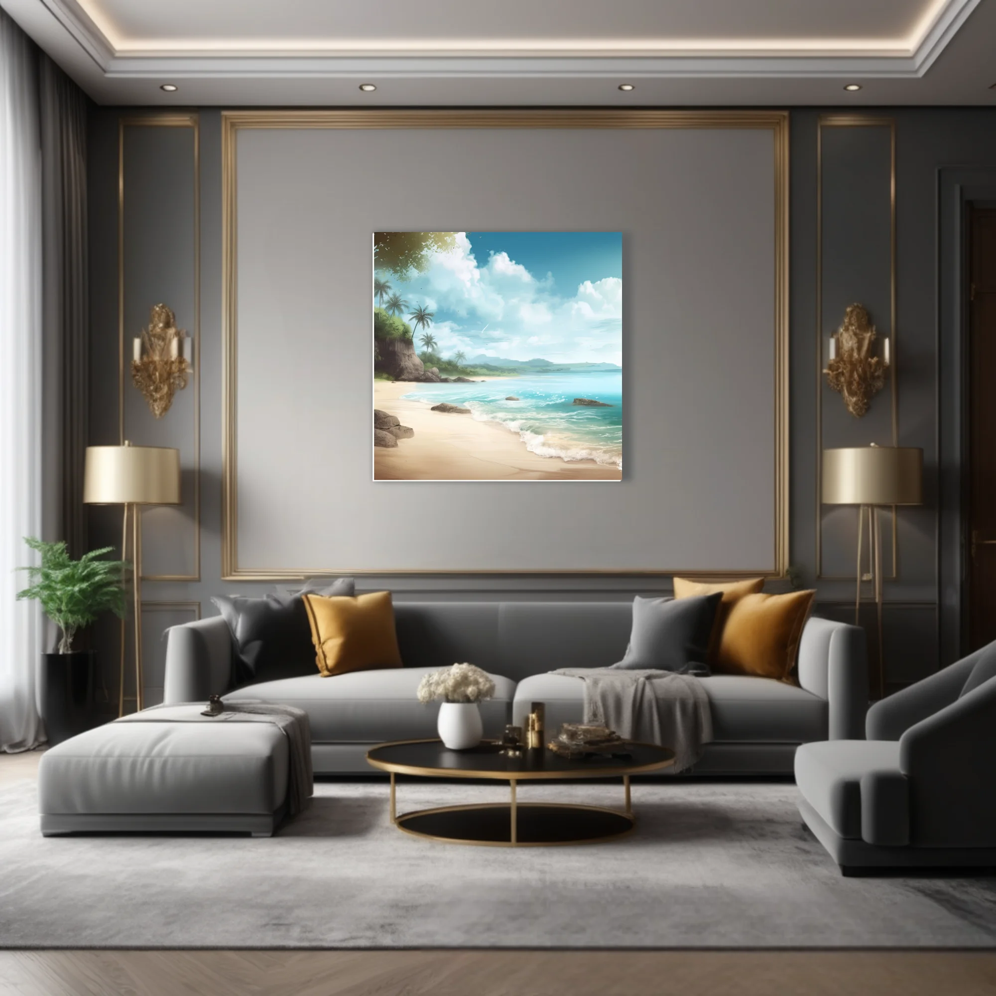 Painterly tropical beach scene with turquoise water, palms, and dramatic cloudy sky