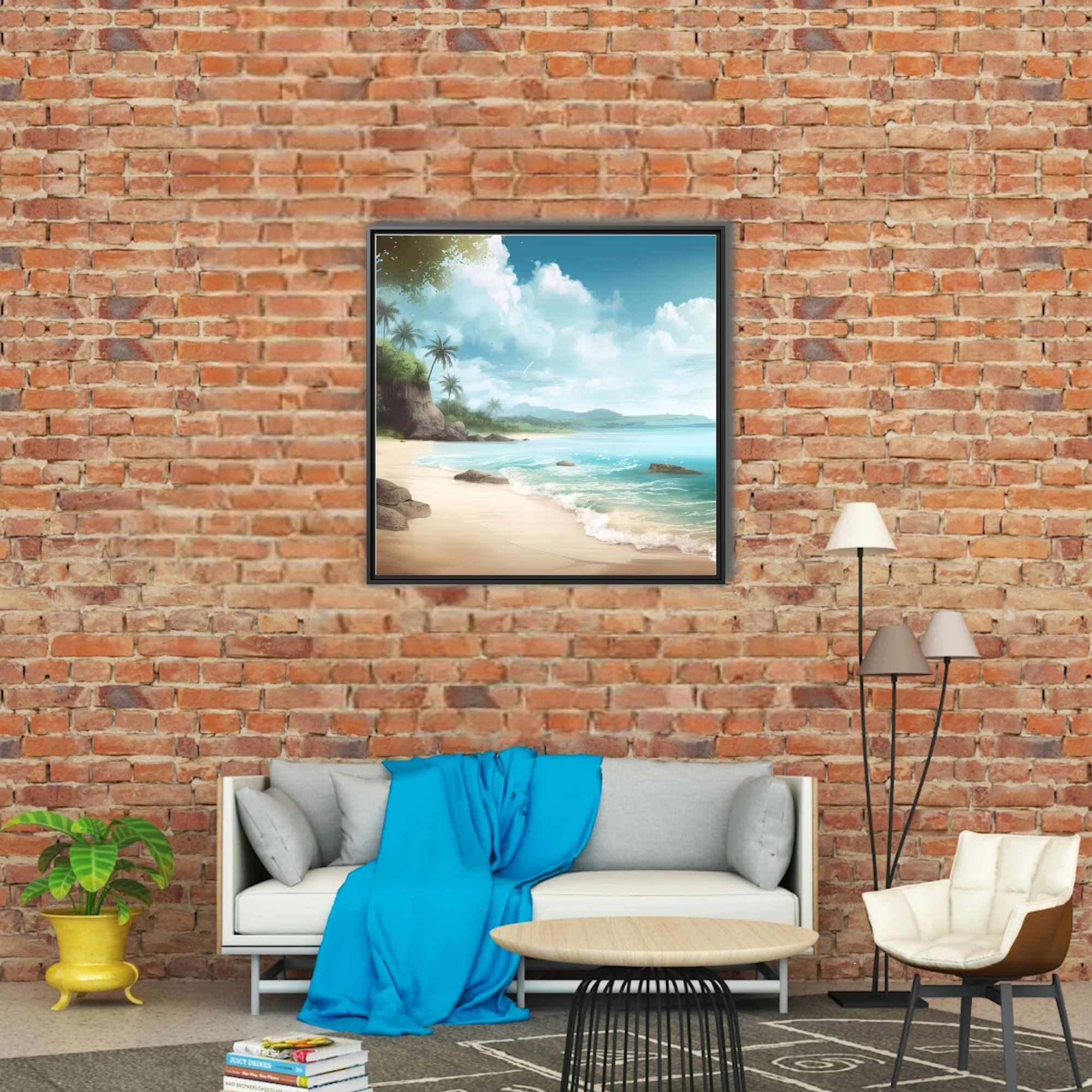 Painterly tropical beach scene with turquoise water, palms, and dramatic cloudy sky