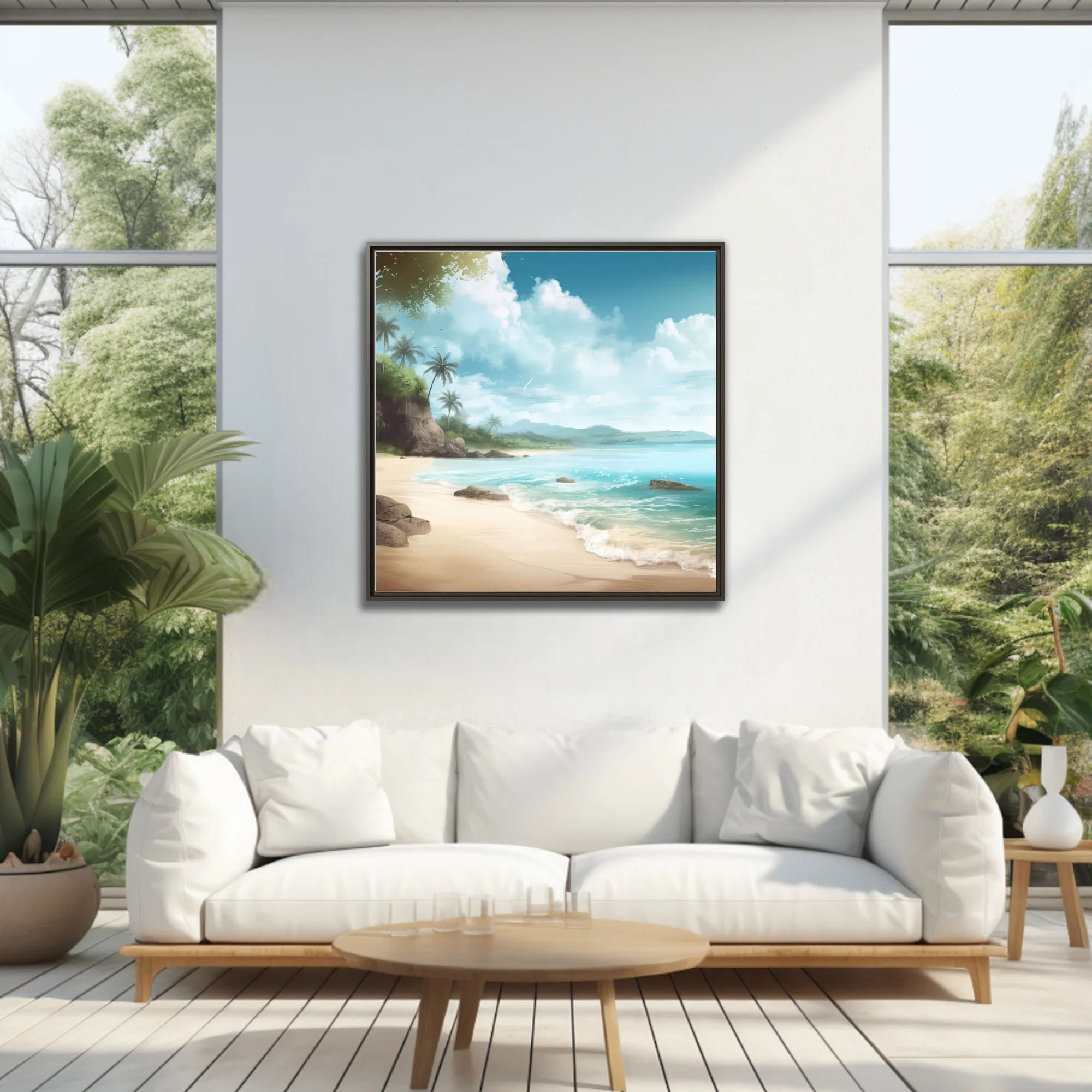 Painterly tropical beach scene with turquoise water, palms, and dramatic cloudy sky