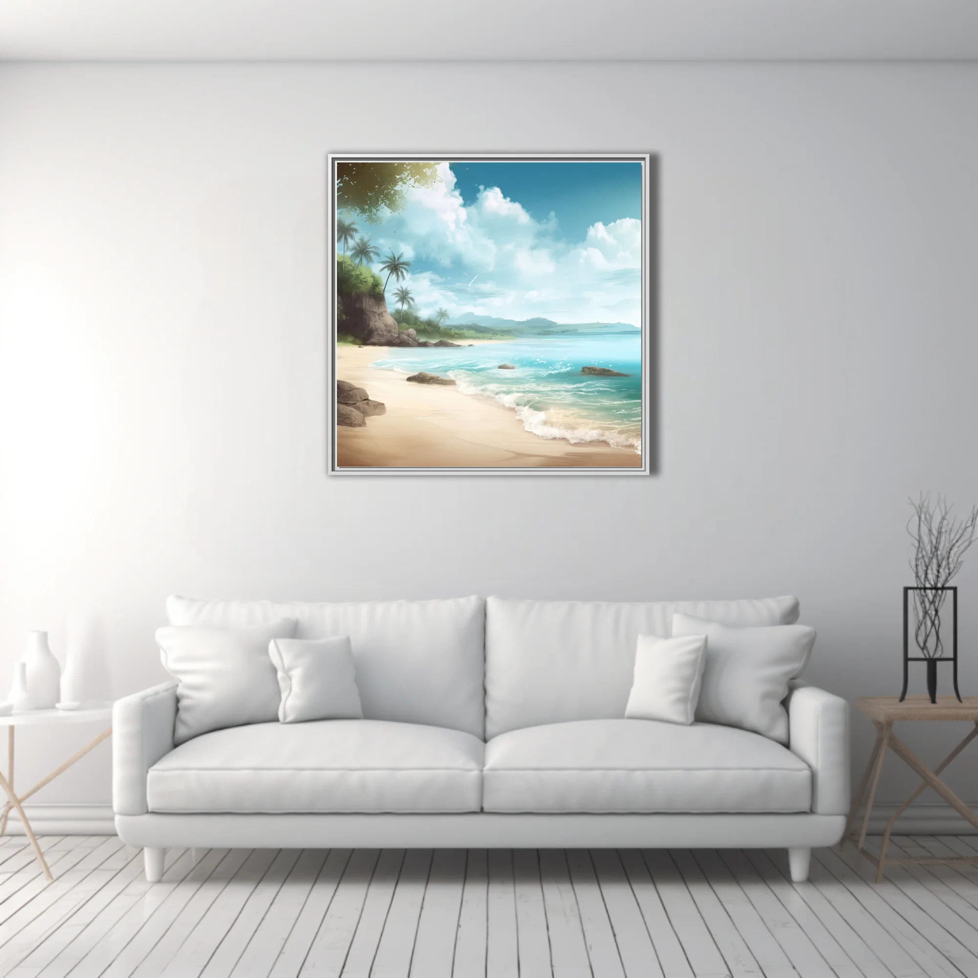 Painterly tropical beach scene with turquoise water, palms, and dramatic cloudy sky