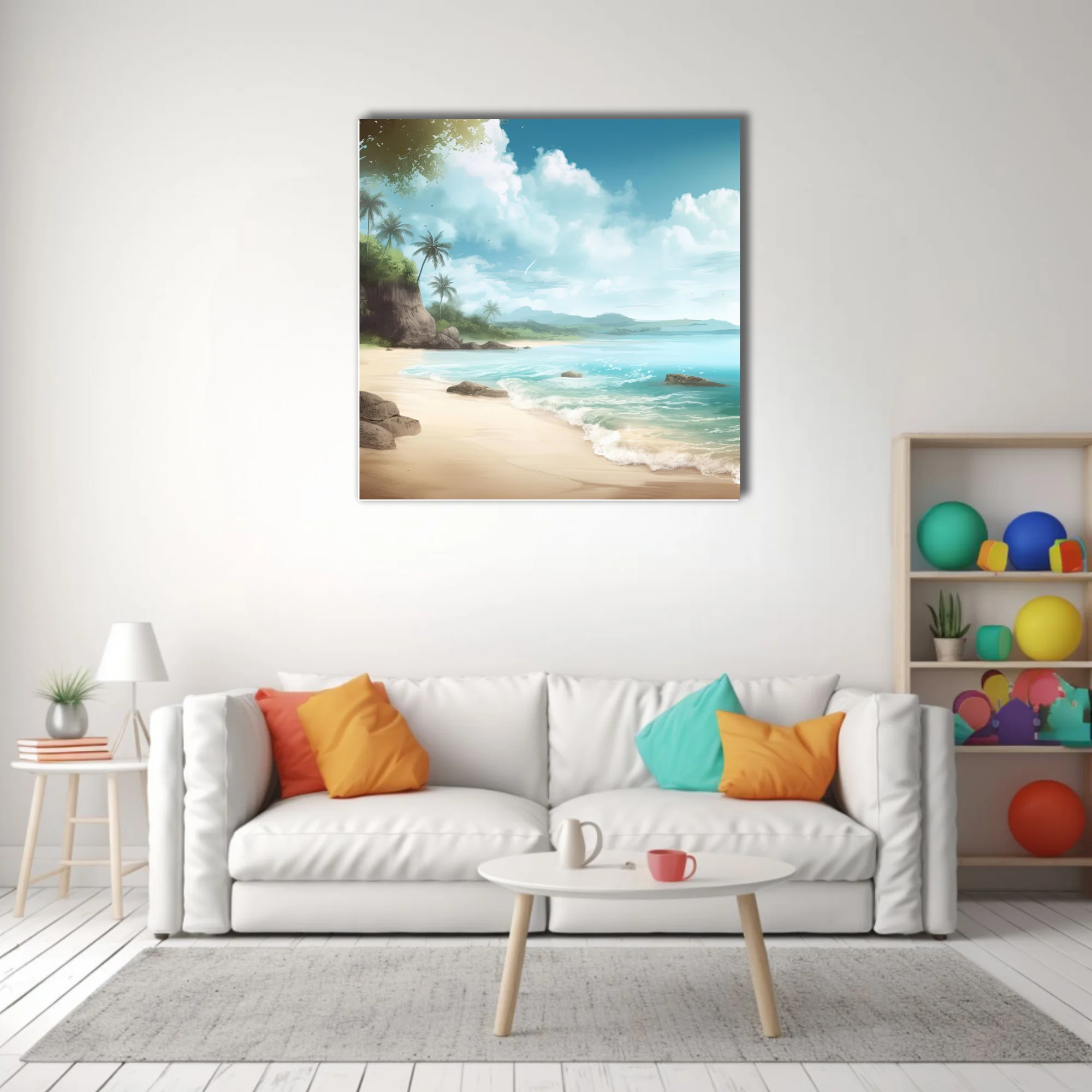Painterly tropical beach scene with turquoise water, palms, and dramatic cloudy sky