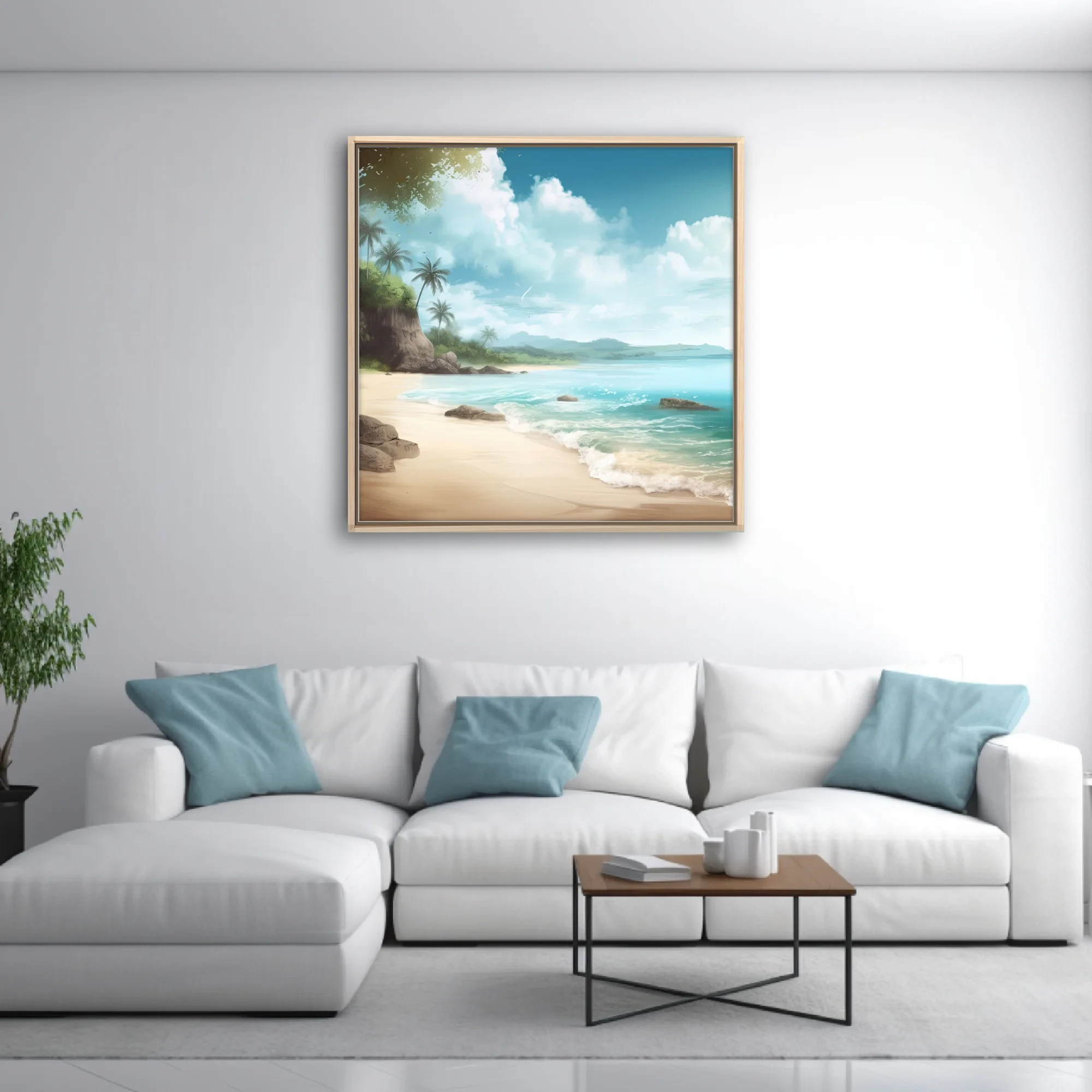 Painterly tropical beach scene with turquoise water, palms, and dramatic cloudy sky