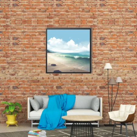 Stylized beach landscape with teal waves, sandy shore, and cloudy blue sky