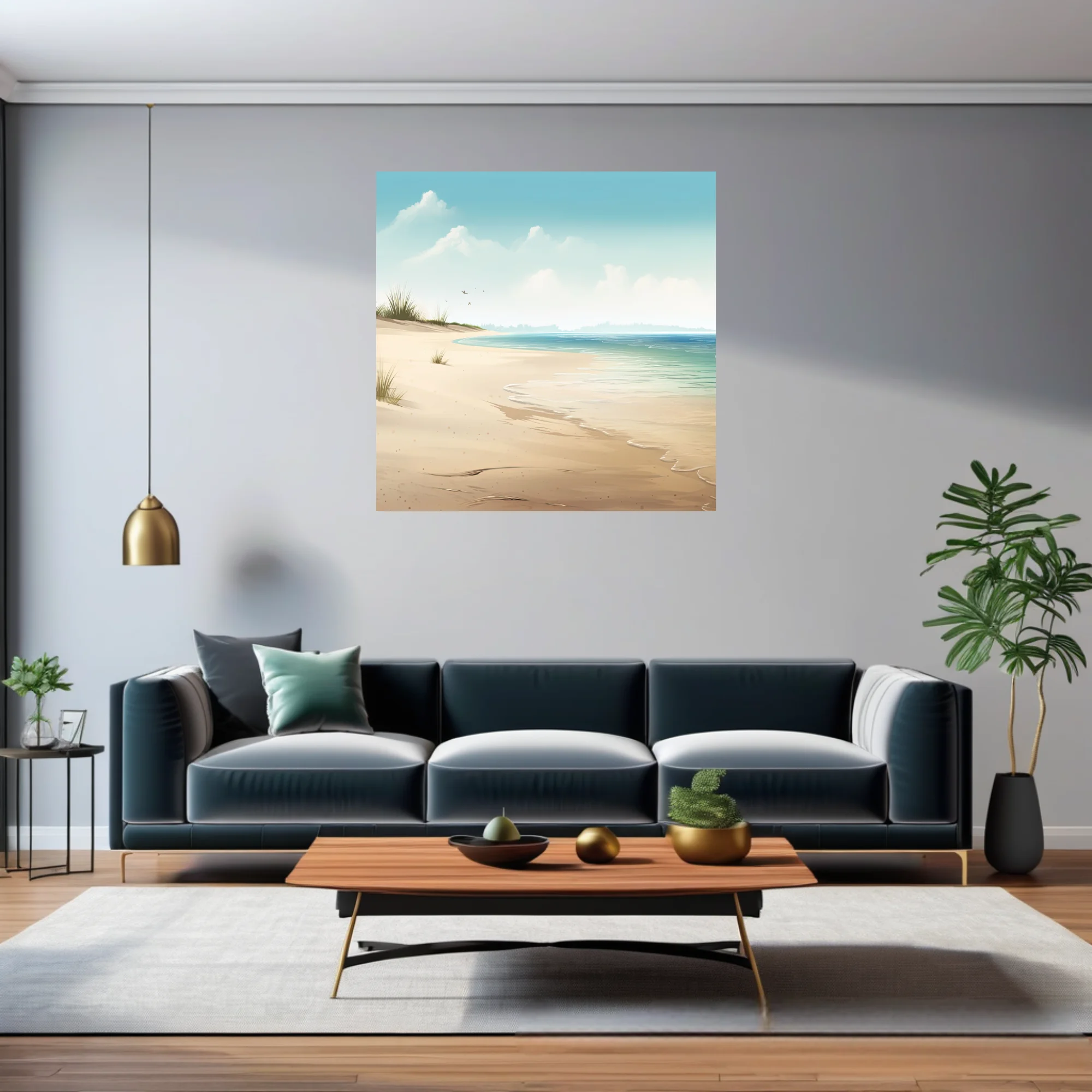 Soft illustration-style beach scene with teal water, sandy shore, and misty horizon