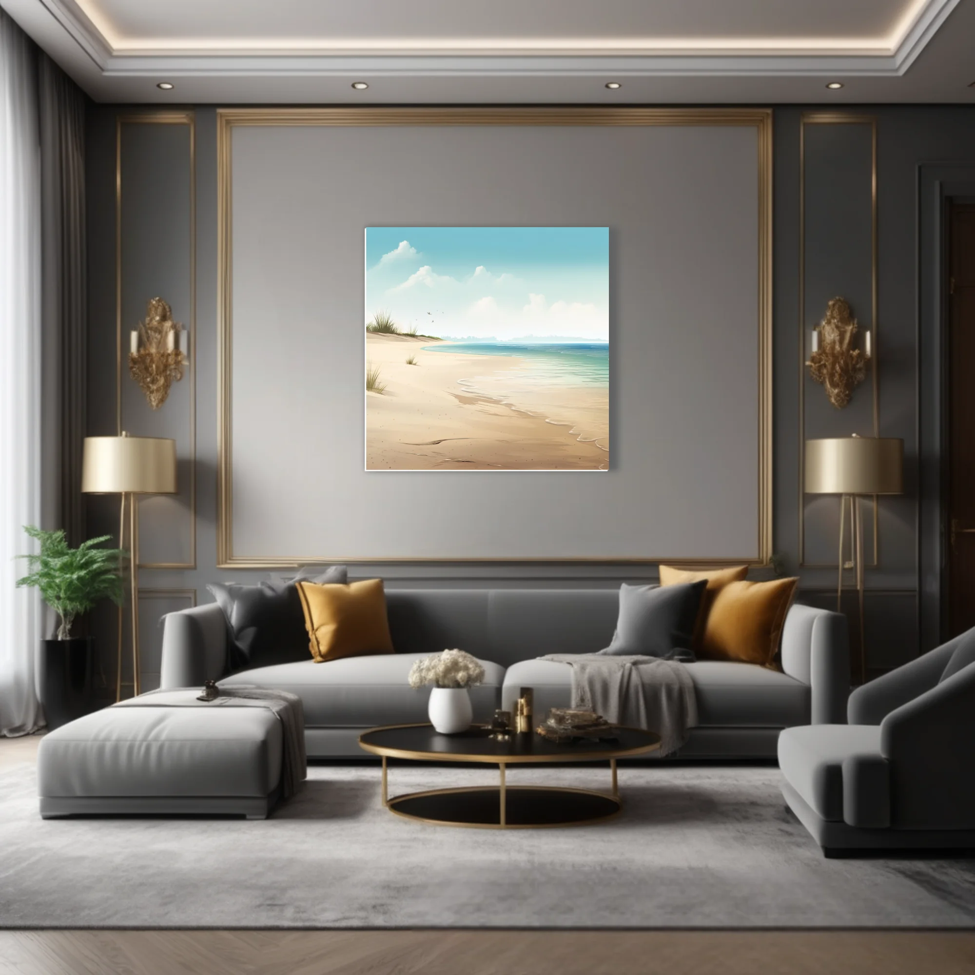 Soft illustration-style beach scene with teal water, sandy shore, and misty horizon