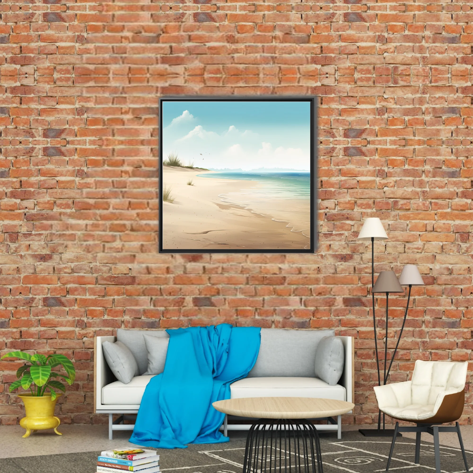 Soft illustration-style beach scene with teal water, sandy shore, and misty horizon