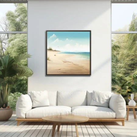Soft illustration-style beach scene with teal water, sandy shore, and misty horizon