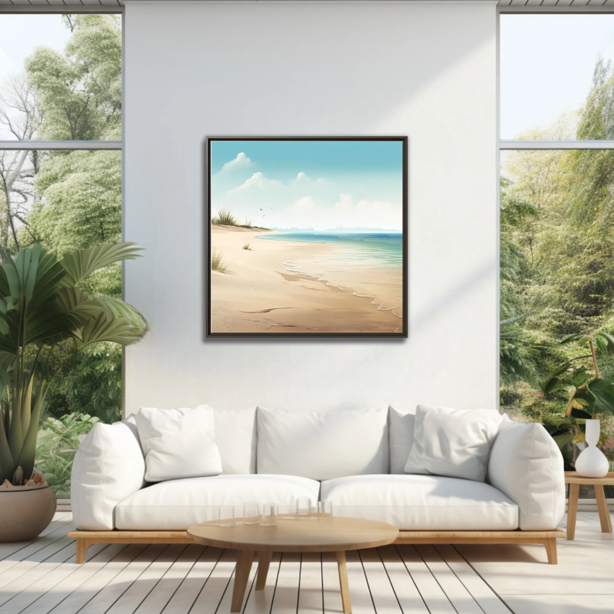 Soft illustration-style beach scene with teal water, sandy shore, and misty horizon