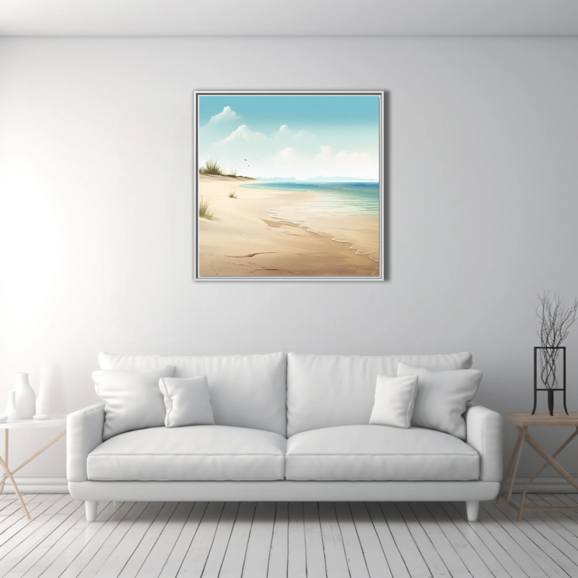 Soft illustration-style beach scene with teal water, sandy shore, and misty horizon