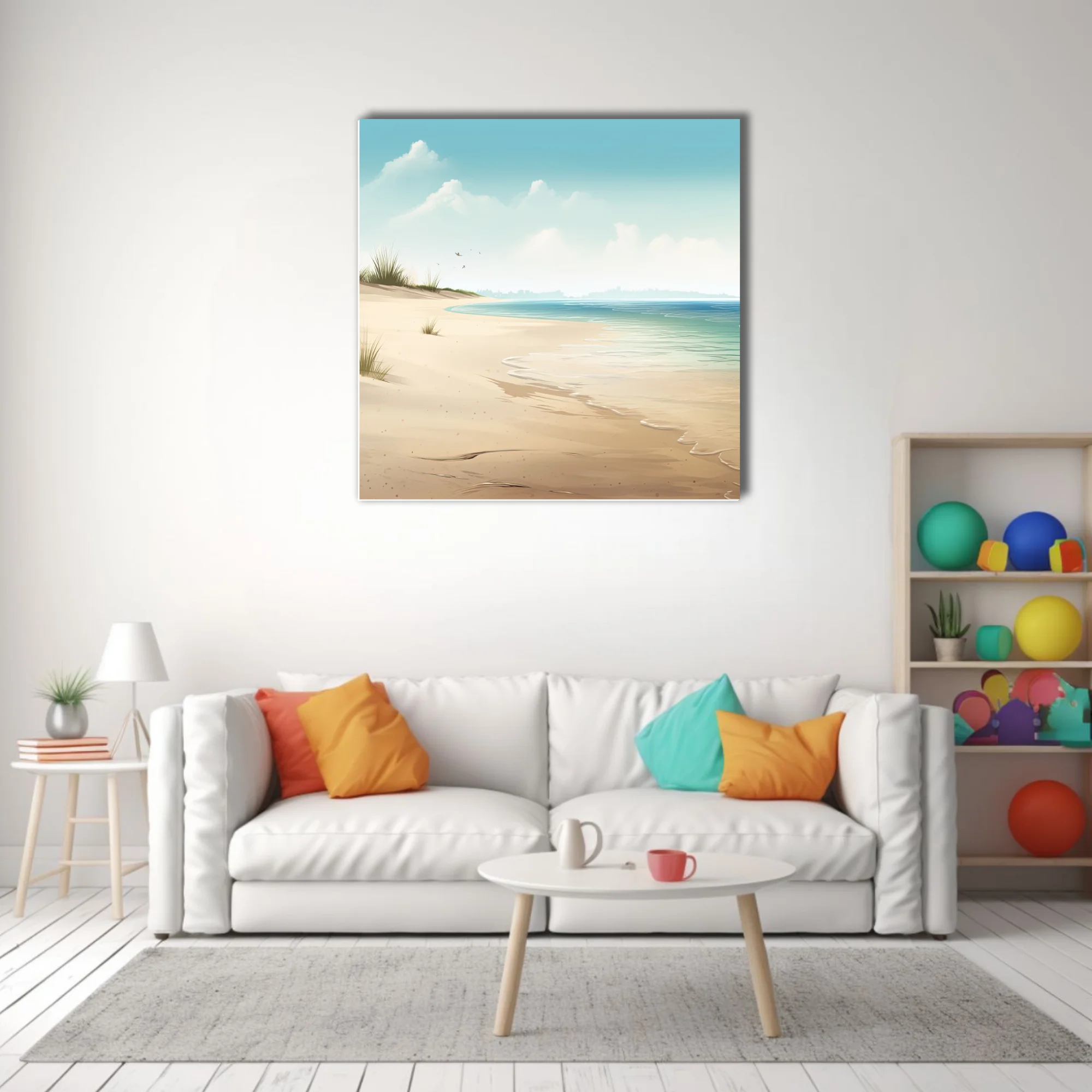 Soft illustration-style beach scene with teal water, sandy shore, and misty horizon