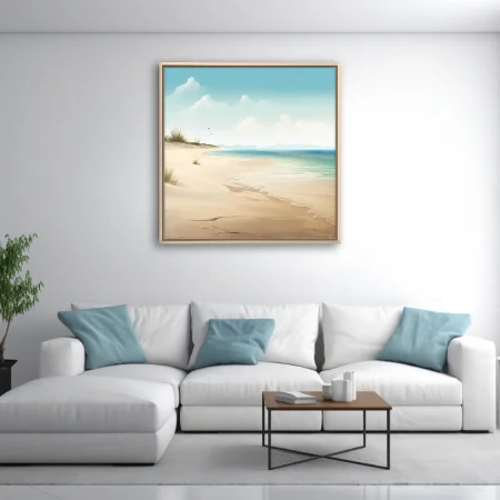 Soft illustration-style beach scene with teal water, sandy shore, and misty horizon