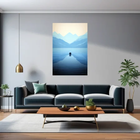 Minimalist blue mountain lake scene with geometric peaks and calm reflective water