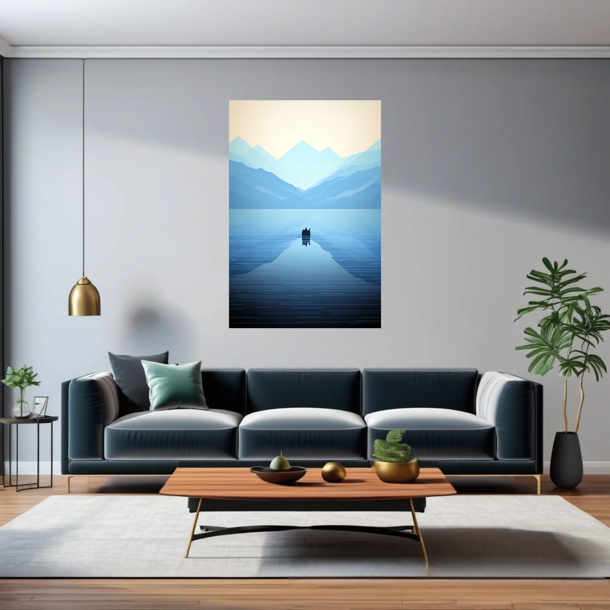 Minimalist blue mountain lake scene with geometric peaks and calm reflective water
