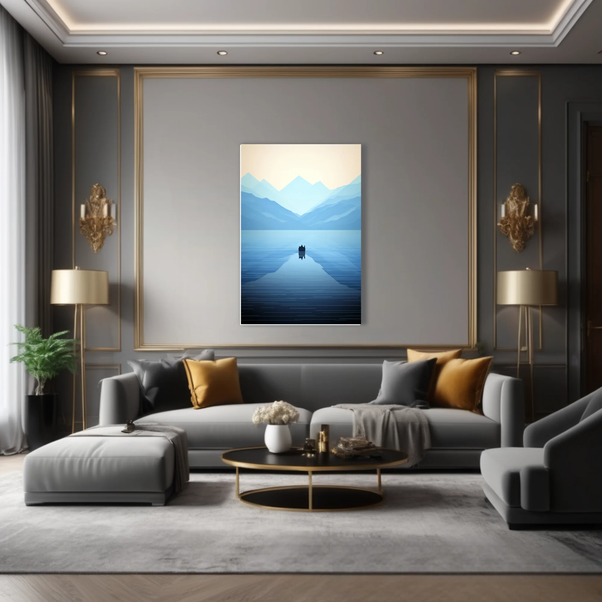 Minimalist blue mountain lake scene with geometric peaks and calm reflective water