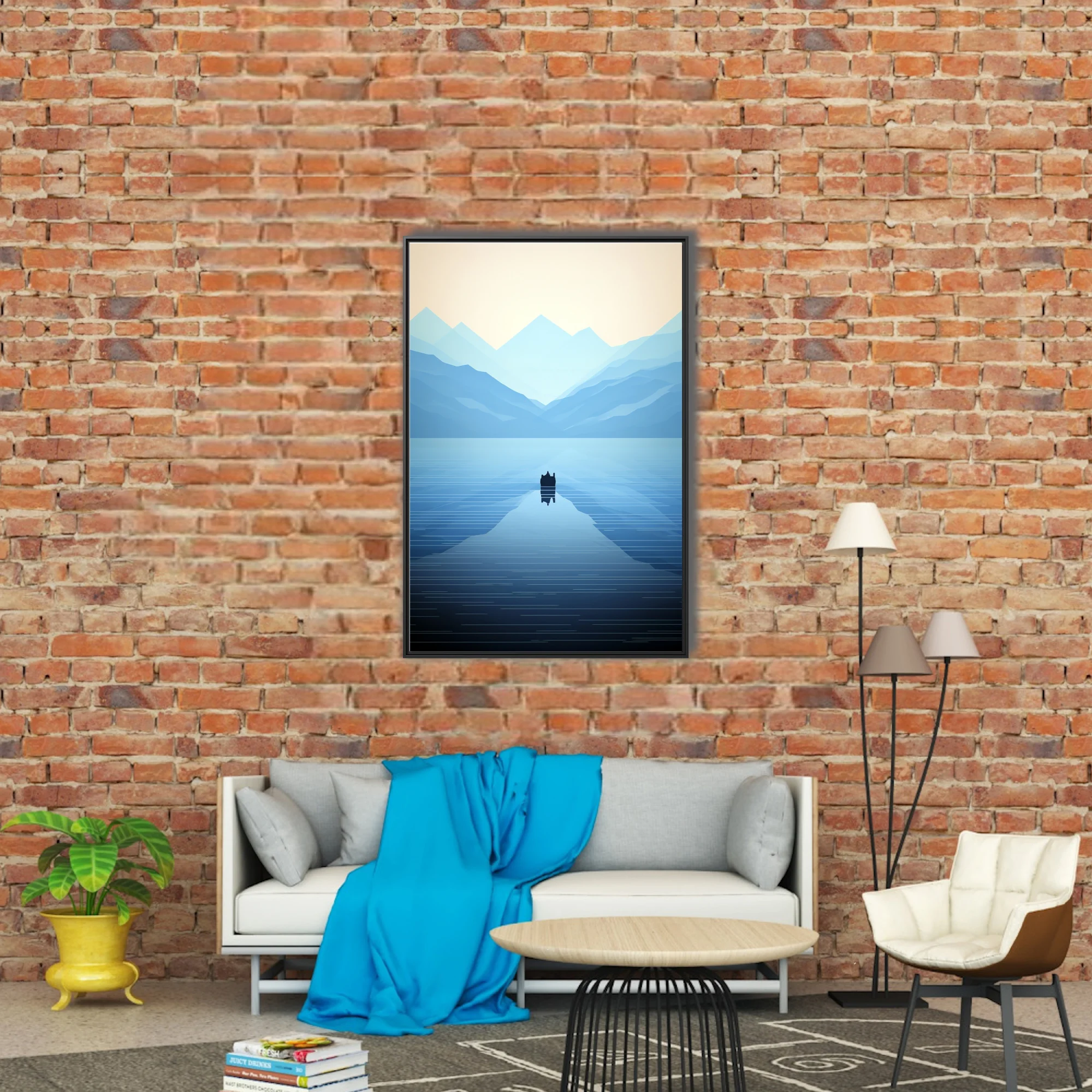 Minimalist blue mountain lake scene with geometric peaks and calm reflective water