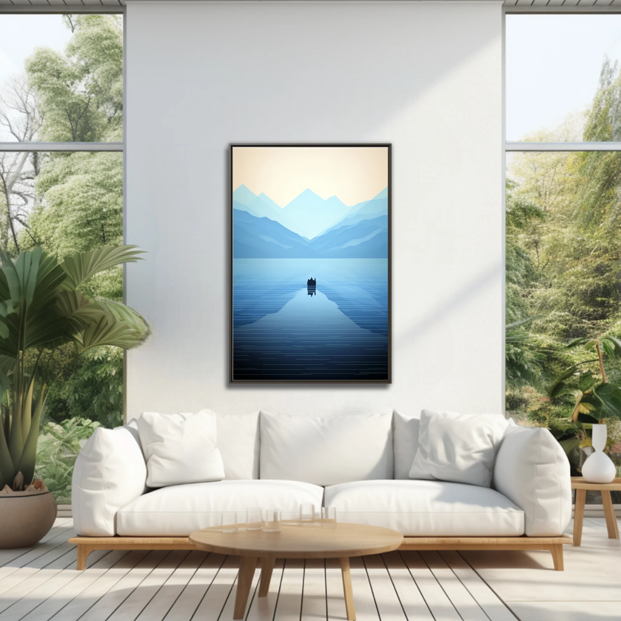 Minimalist blue mountain lake scene with geometric peaks and calm reflective water
