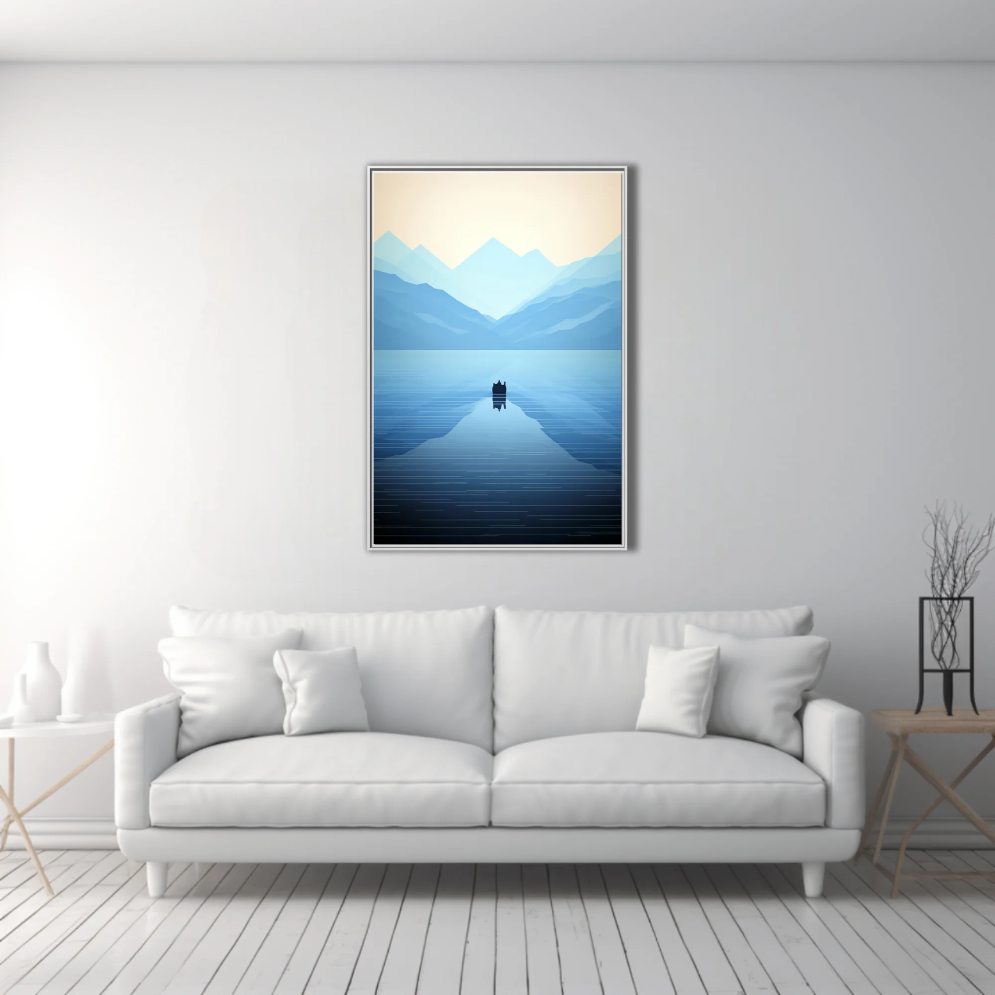 Minimalist blue mountain lake scene with geometric peaks and calm reflective water