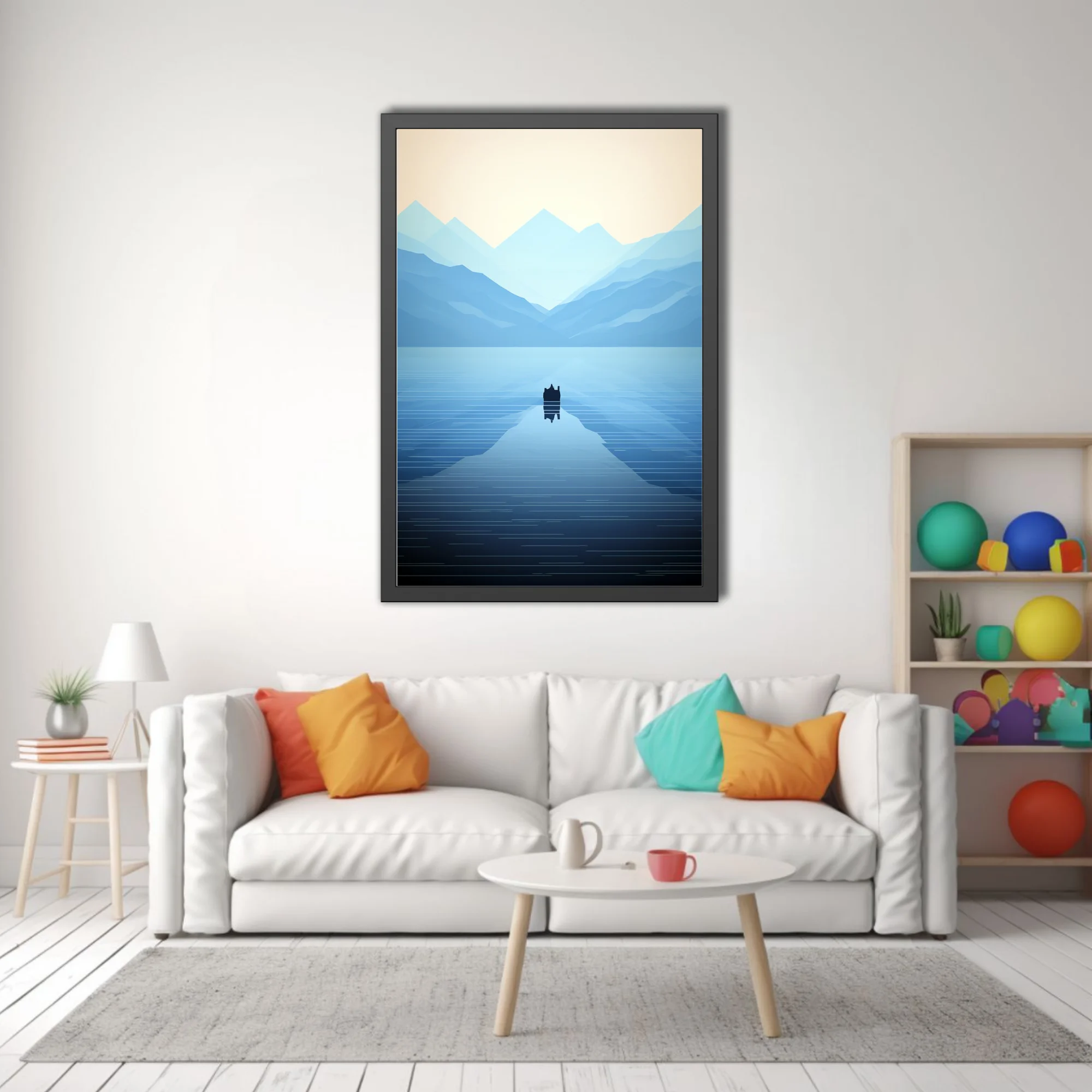 Minimalist blue mountain lake scene with geometric peaks and calm reflective water