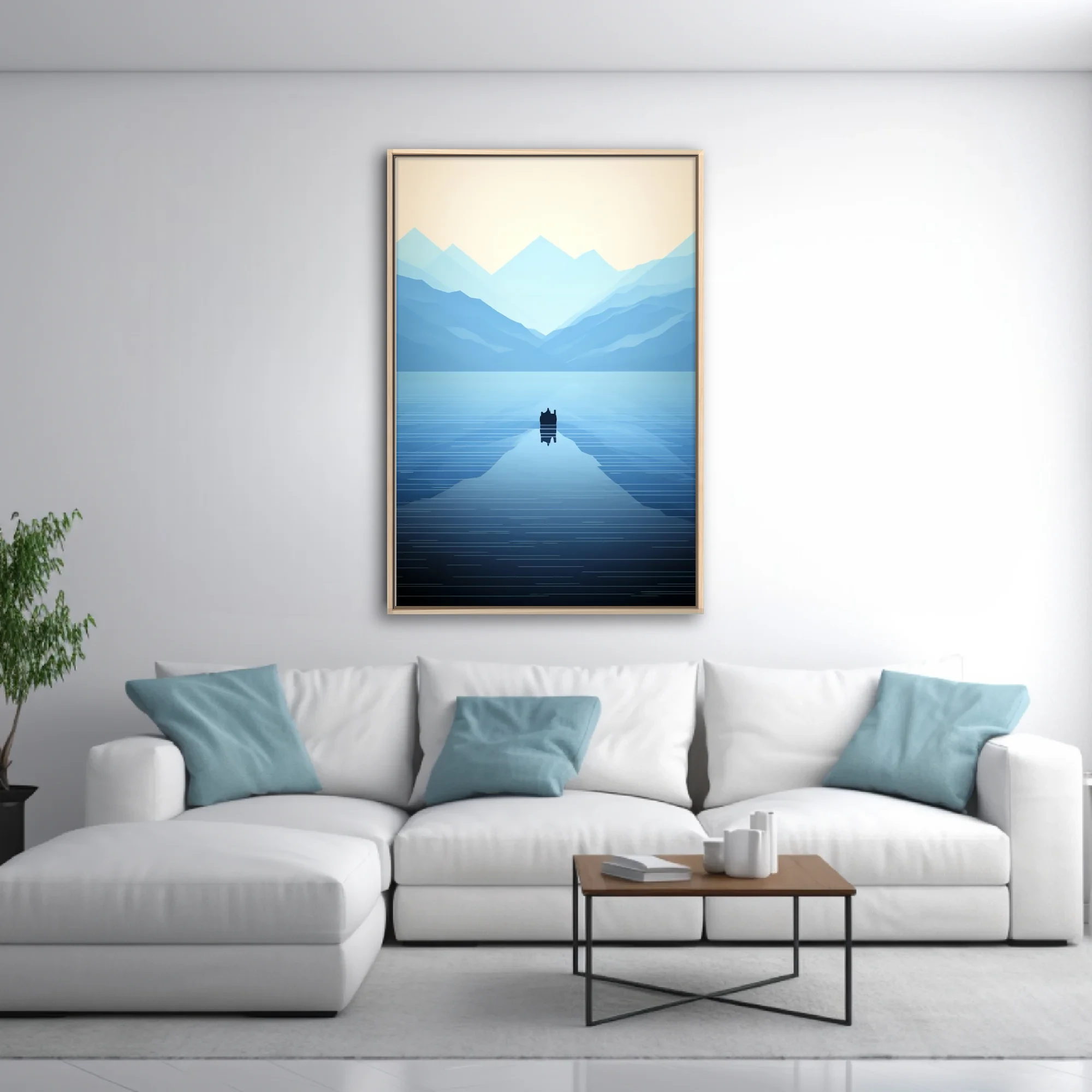 Minimalist blue mountain lake scene with geometric peaks and calm reflective water