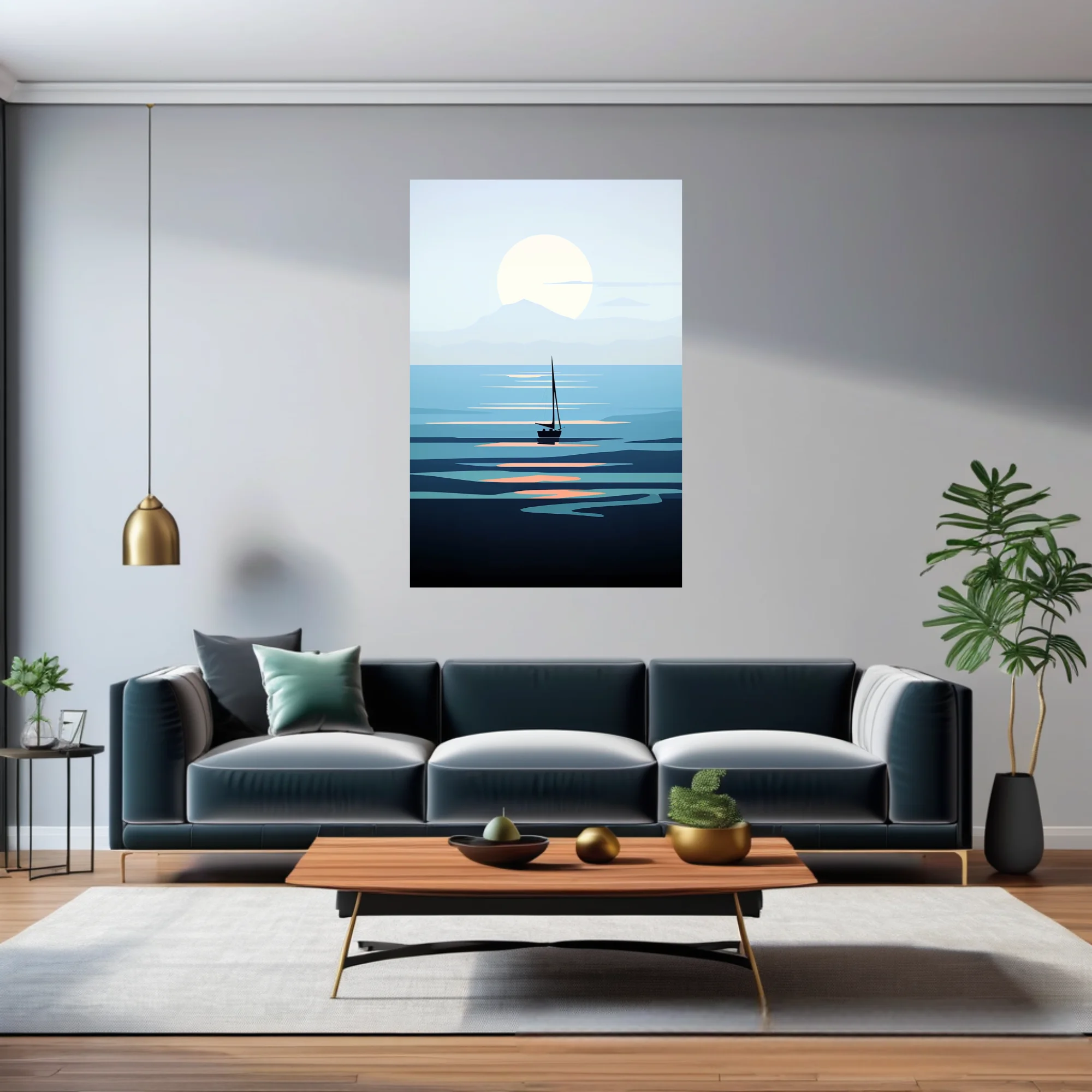 Minimalist sailboat seascape flat graphic art in cool blue tones with glowing sun