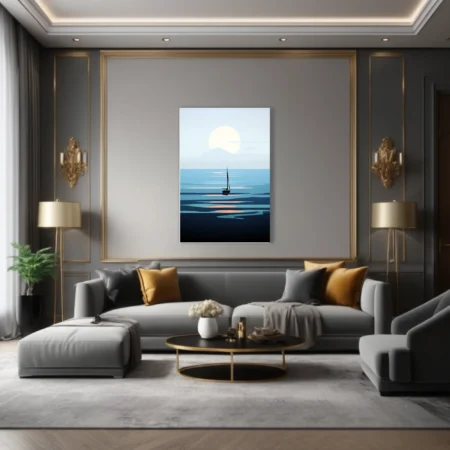 Minimalist sailboat seascape flat graphic art in cool blue tones with glowing sun