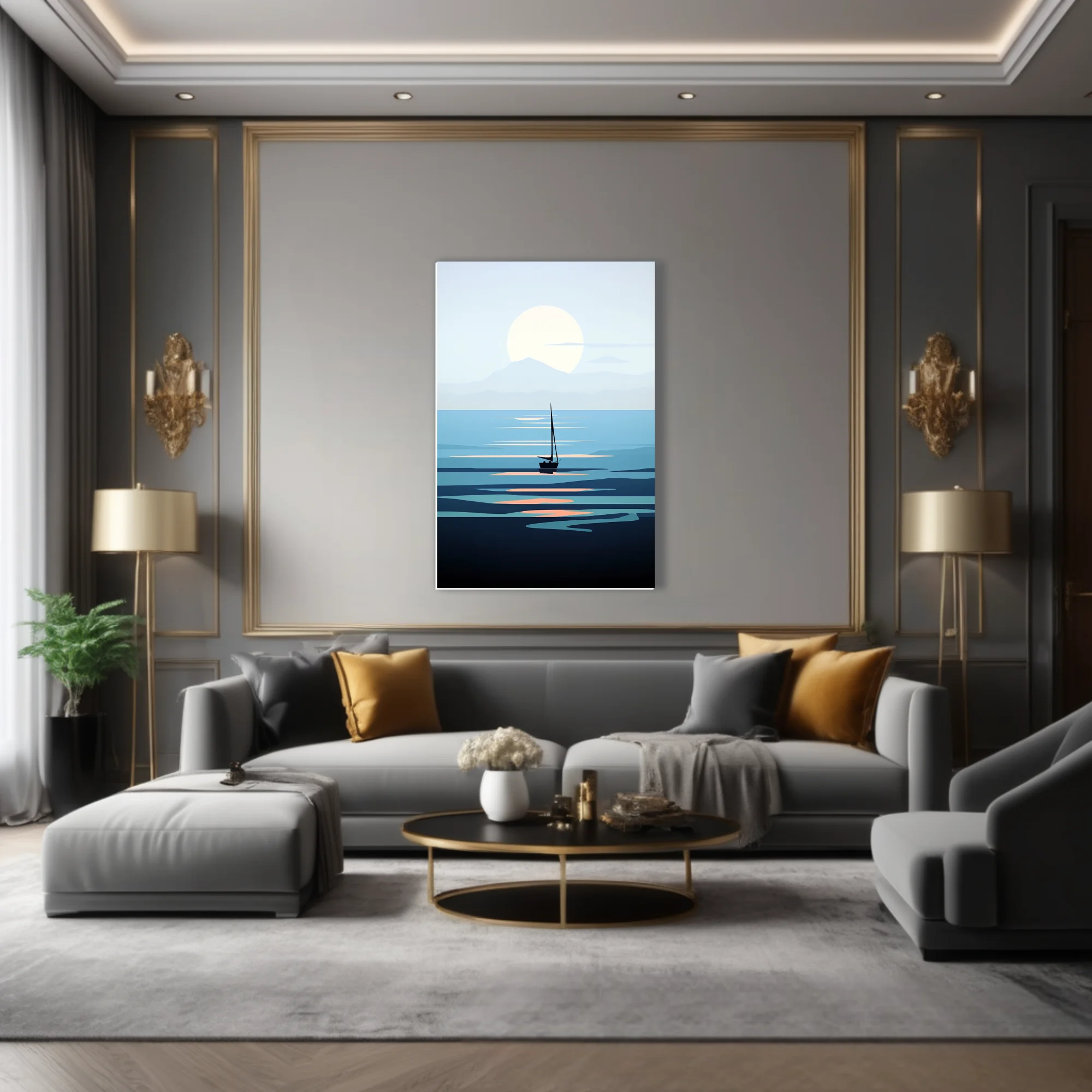 Minimalist sailboat seascape flat graphic art in cool blue tones with glowing sun