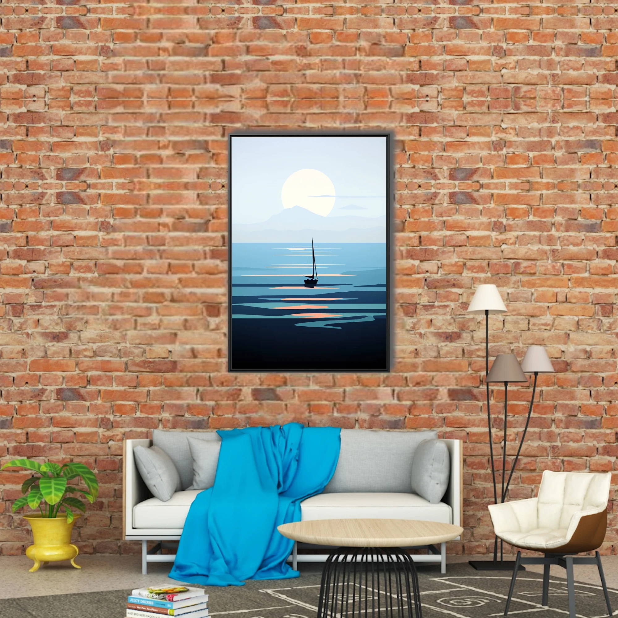 Minimalist sailboat seascape flat graphic art in cool blue tones with glowing sun