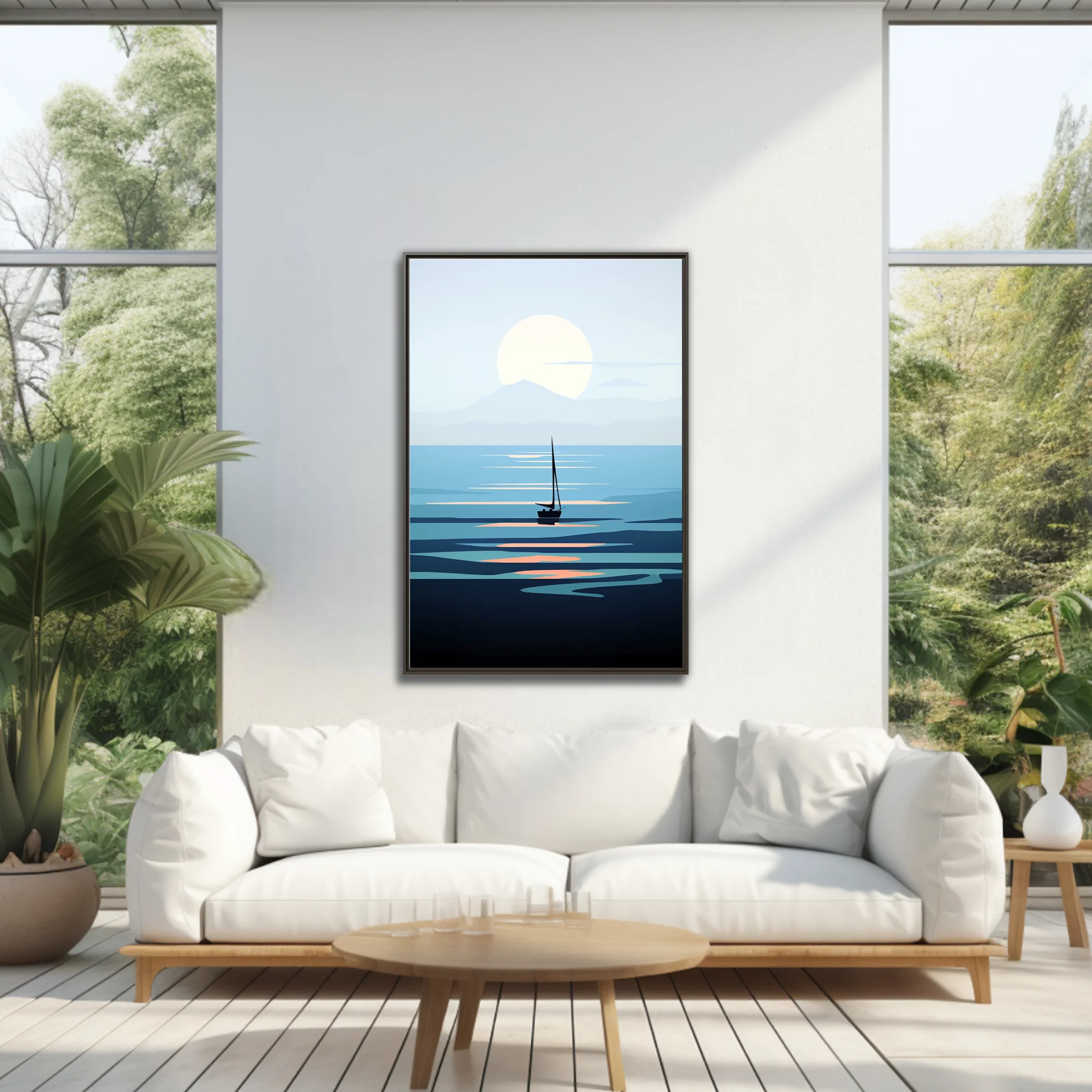 Minimalist sailboat seascape flat graphic art in cool blue tones with glowing sun